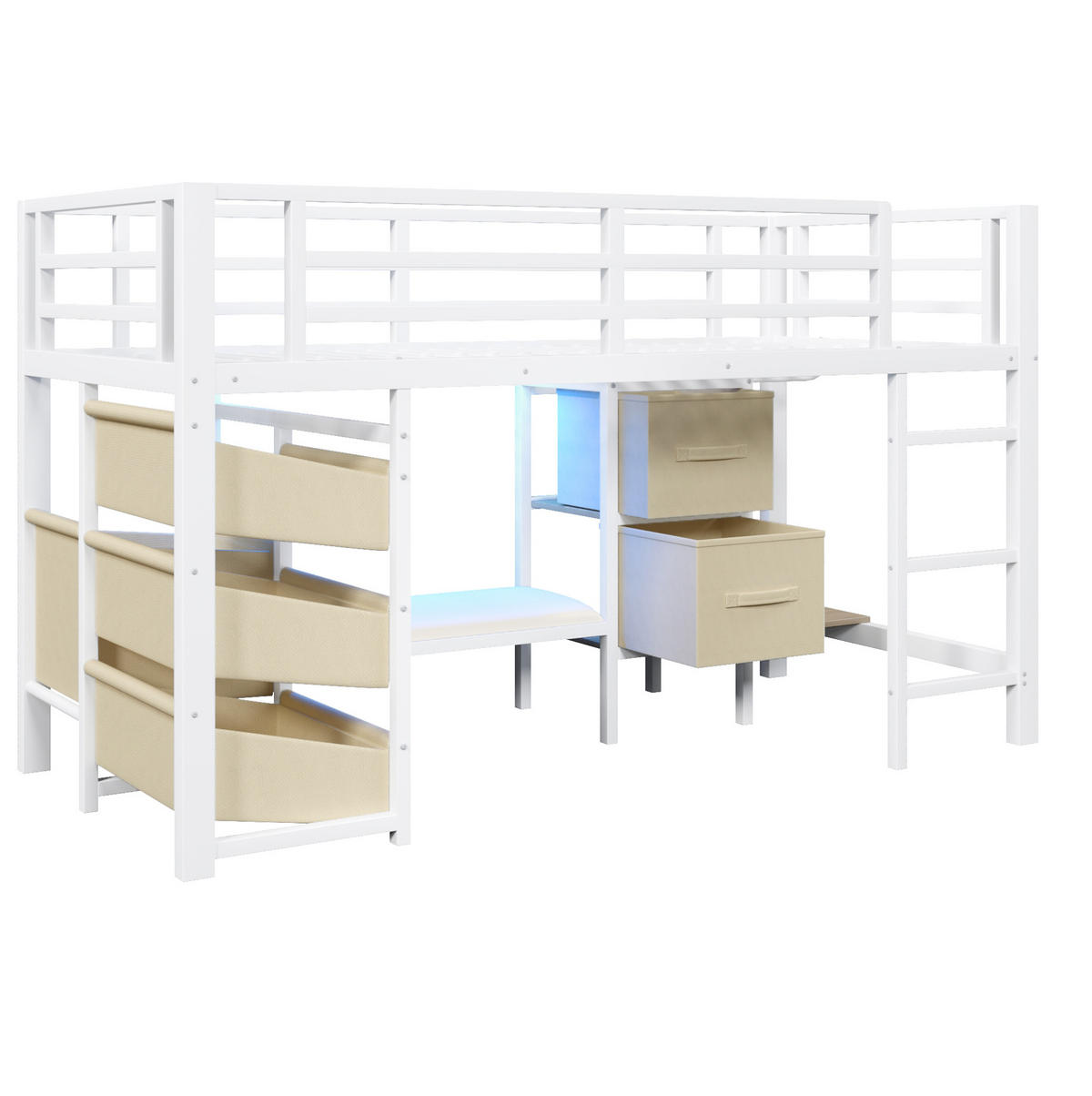 HALBHOHES Bett 90/200 cm mit LED-Beleuchtung, Sitzkissen, Stoffschublade und Hängebereich, Metall, Weiß - Weiß, Metall (90/200cm) - Redom