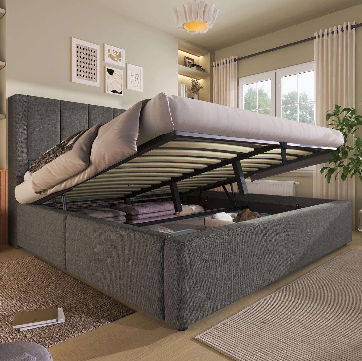 POLSTERBETT 180/200 cm mit Ladestation, versteckten Becherhaltern und Bettkasten, Leinenoptik, Grau - Grau, Textil (180/200cm) - Redom