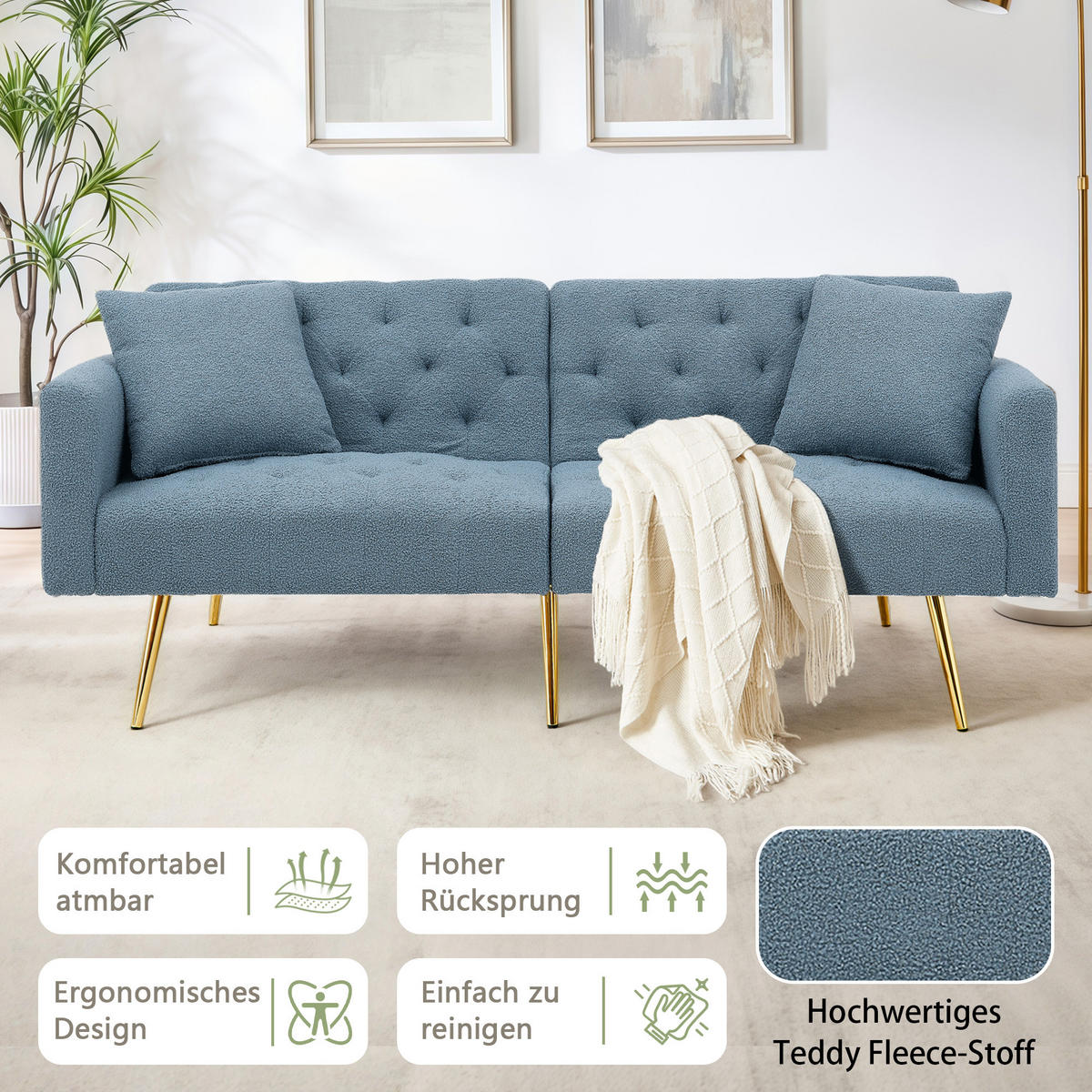 SCHLAFSOFA 177/78/74 cm in Blue Teddyfell mit Aufbewahrungstasche - Blau, Textil (177/74/78cm) - Oxeza