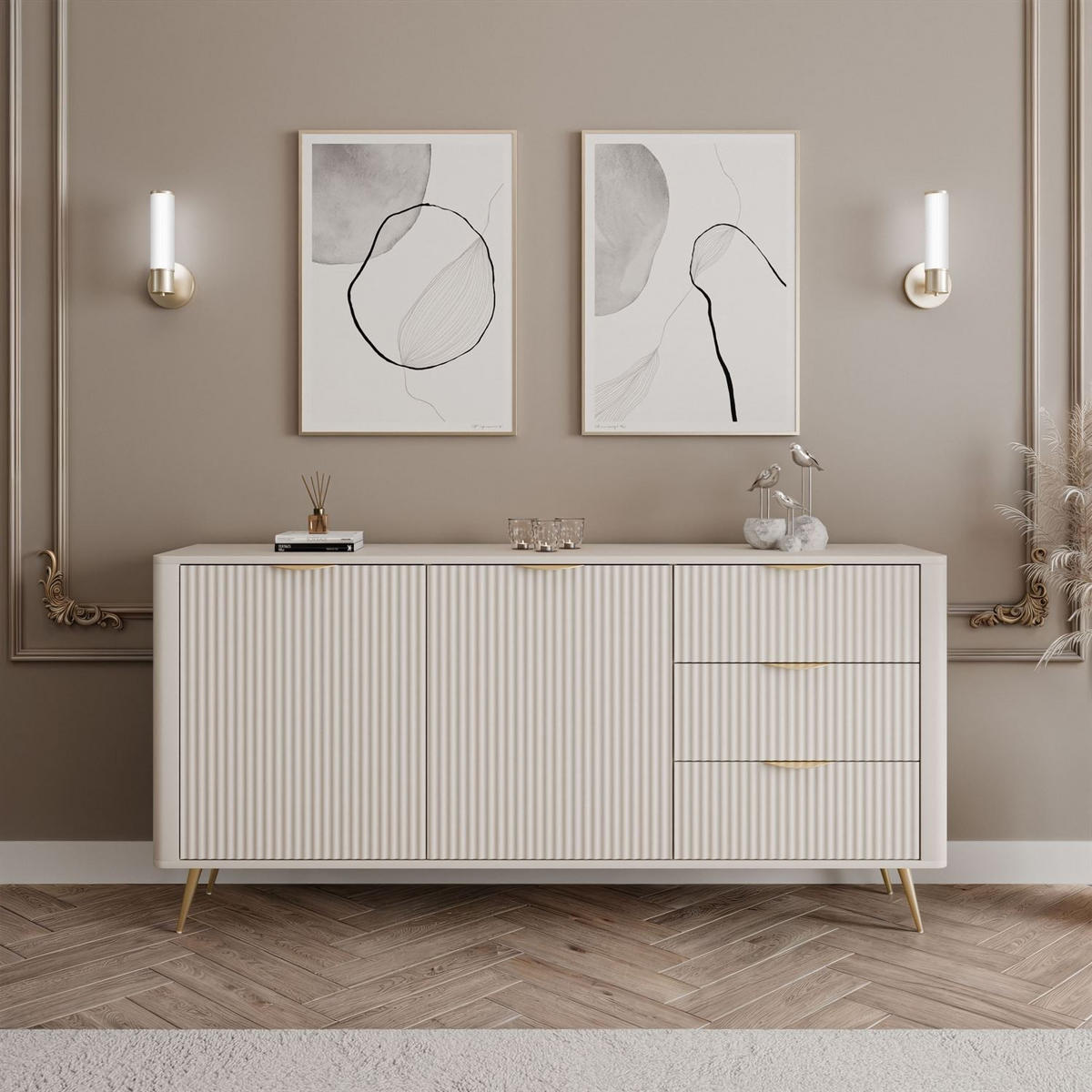 SIDEBOARD SCARLETT 163 2D3S MIT SCHUBLADEN BEIGE + GOLD - Beige, Holzwerkstoff (163/81/38cm) - Lookway
