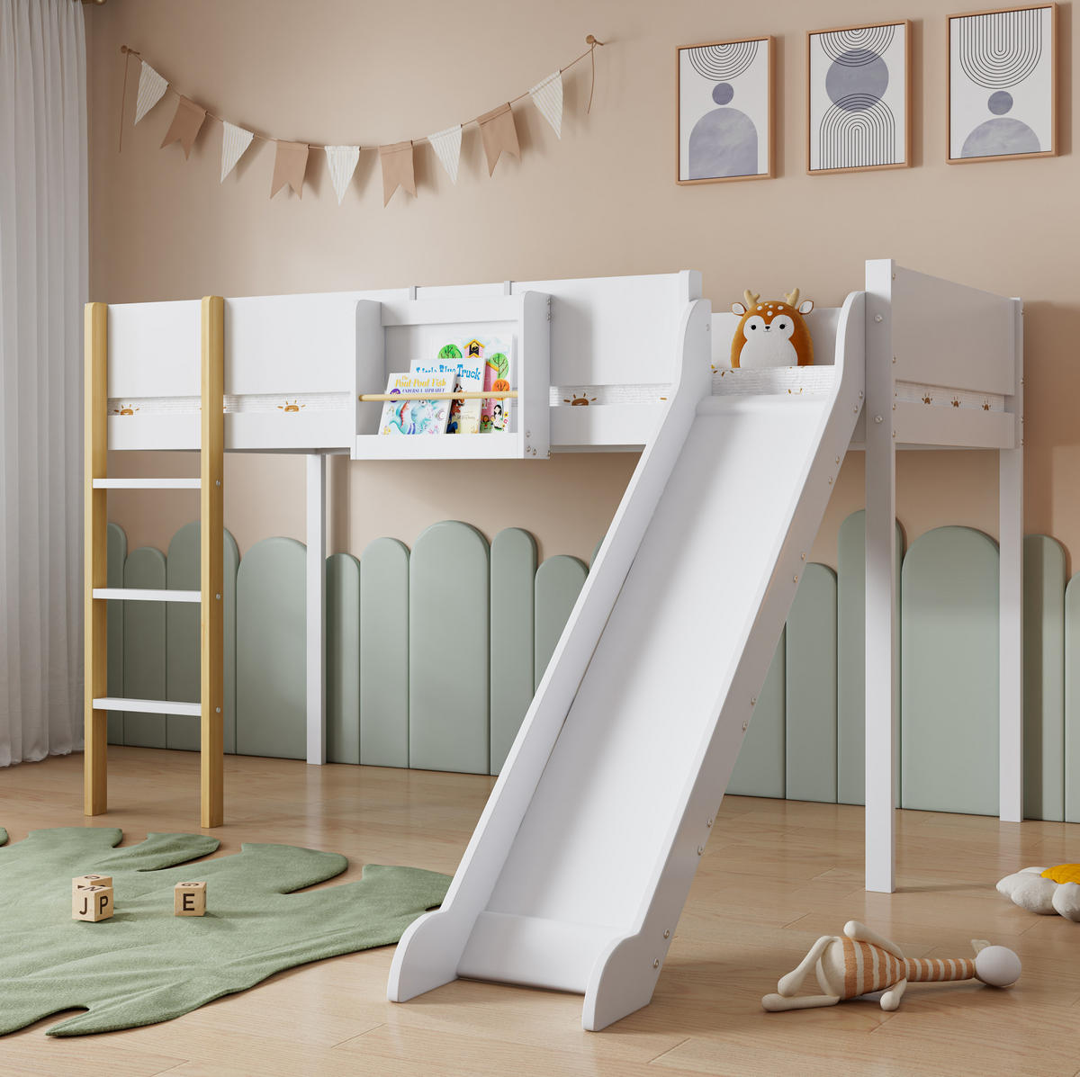 VISOKA postelja 90/200 cm bela in naravna z drsnikom, lestvijo in snemljivo polico iz bora in MDF - bela, leseni material (90/200cm) - OKWISH