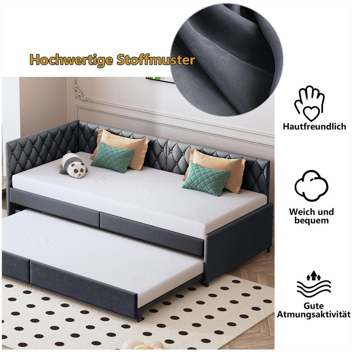 POLSTERBETT 90x200 cm mit Ausziehbares Bettgestell - Kopfteil im Nieten-Design - ohne Matratze - Samtstoff - Grau - Grau, Textil (90/200cm) - DELFA