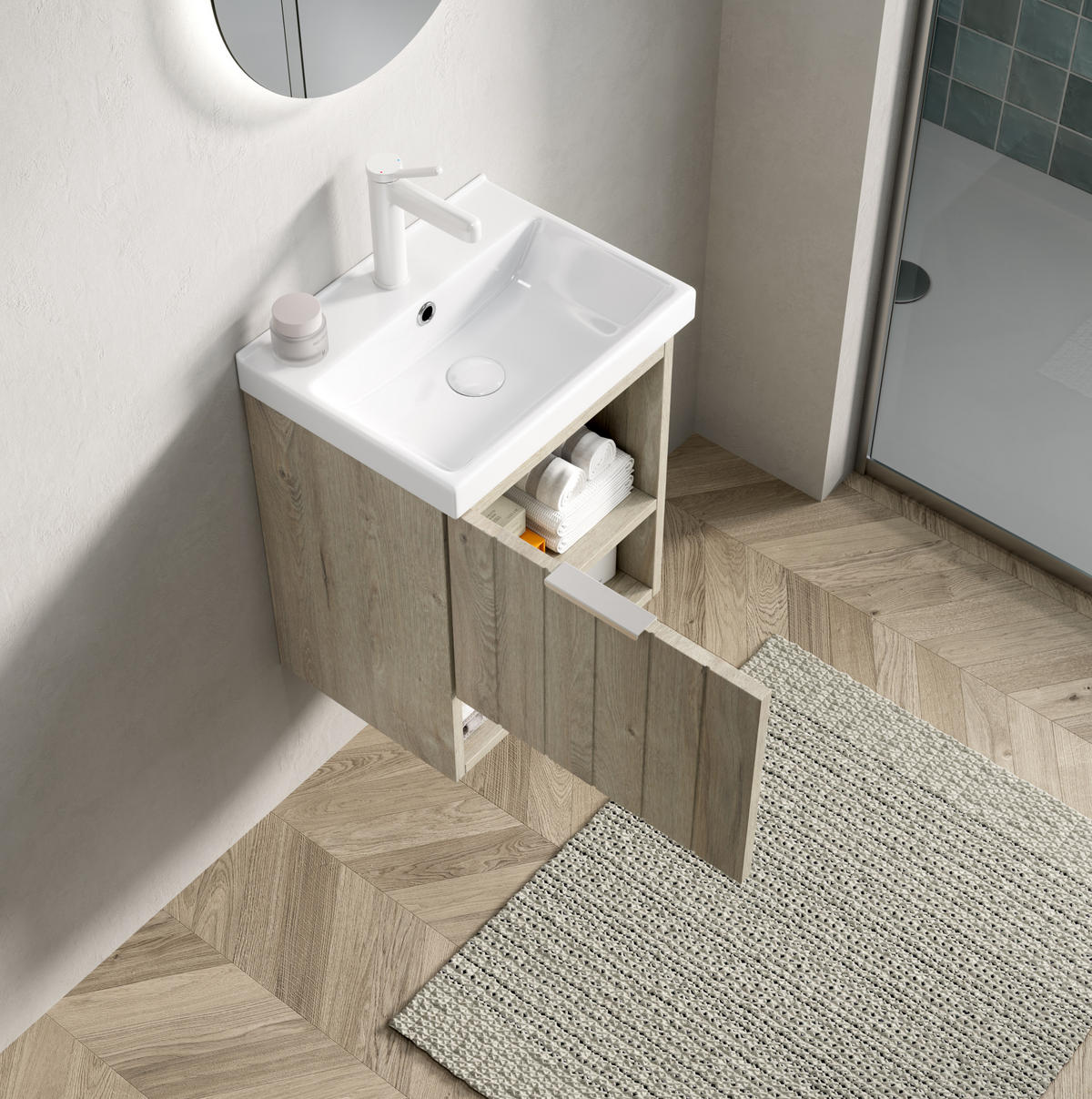 WASCHTISCHKOMBI 42x32x53cm Creme mit glänzendem Keramikbecken - Creme, Keramik (42/53/32cm) - Modfu