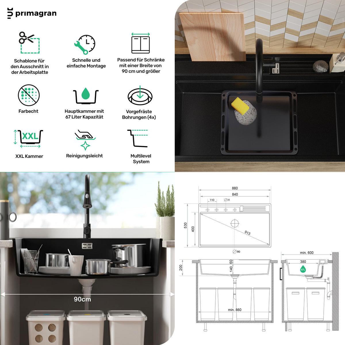 GRANITSPÜLE Oslo Pocket, 2-er set Schwarz 88/53 cm 1 Becken + Küchenarmatur 40/20 cm + Ablauf-Set + Küchenzubehörset ab 90er Unterschrank - Chromfarben/Beige, Kunststoff (88/20/53cm) - Primagran