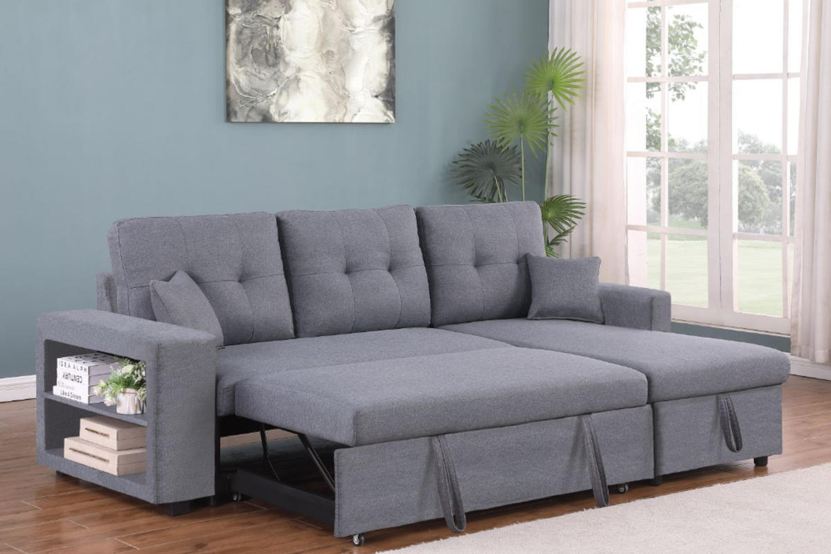 ECKSOFA mit schlaffunktion glasgow grau 4-sitzer stoff - Grau, Holz (233/113cm) - Concept Usine