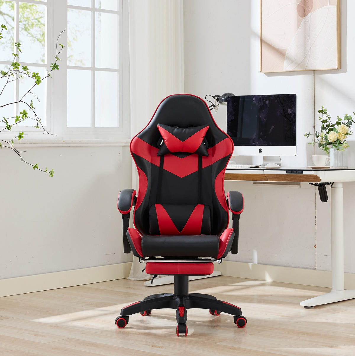 DREHSTUHL B64 / T58 / H116.5-126 cm, Rennsport-Design, gepolstertes PVC-Leder, höhenverstellbar und drehbar, Schwarz/Rot - Rot, Kunststoff (58/116.5/64.5cm) - Redom
