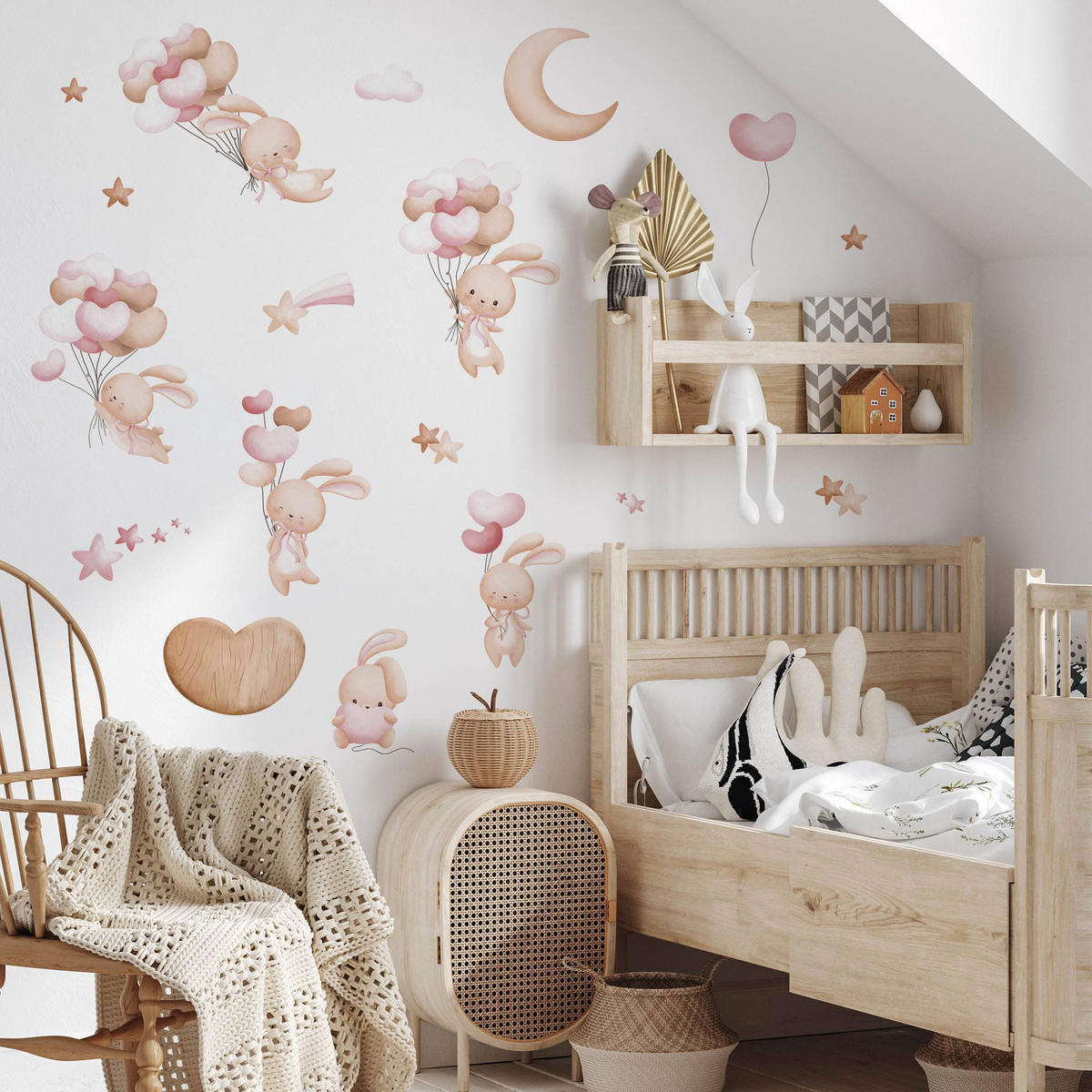 STICKER SET für Kinder Kaninchen Herzen Ballons Sterne 120x60 - Beige/Rosa, Papier (120/60/1cm) - Muralo