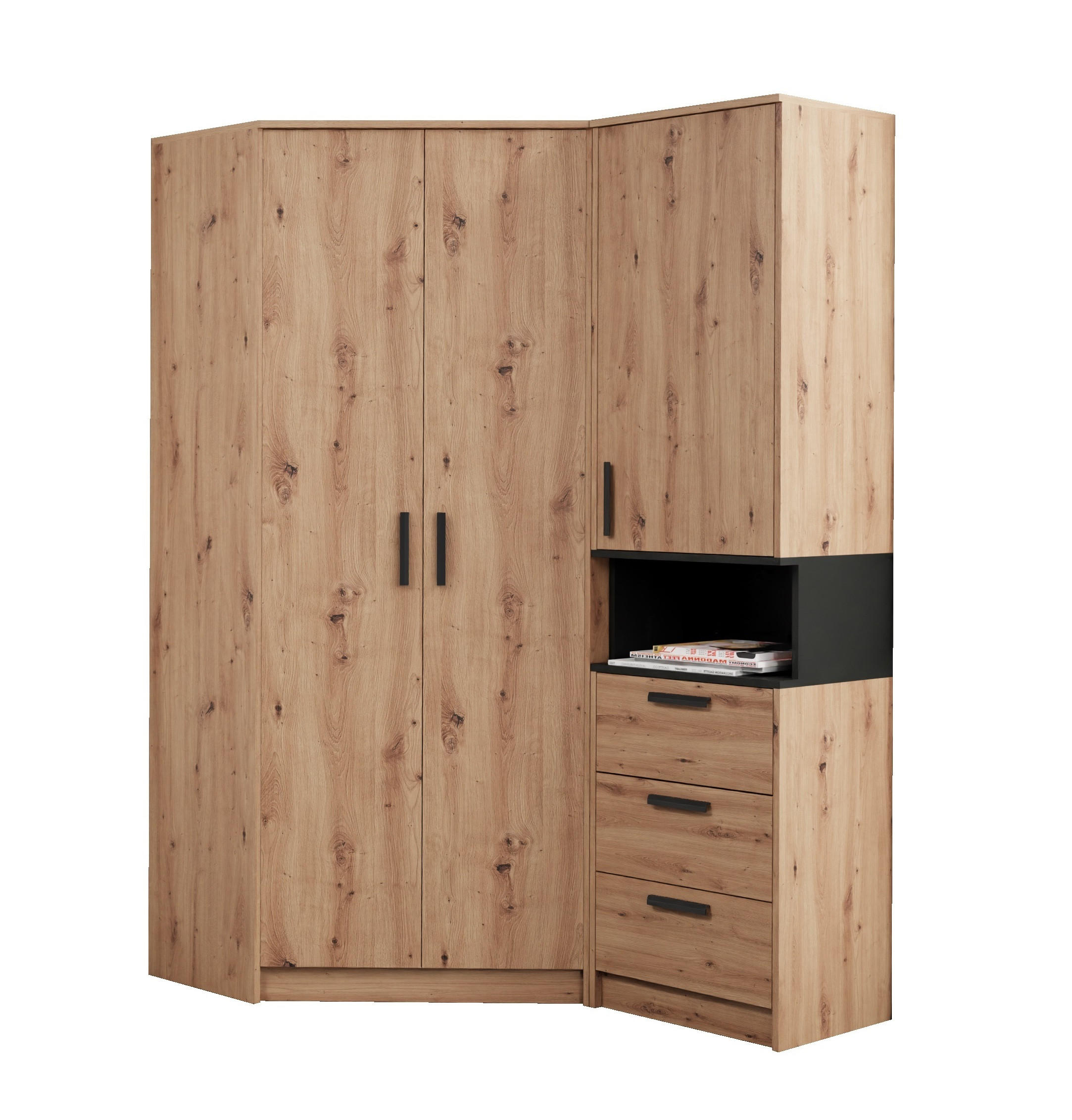 DREHTÜRENSCHRANK ECKSCHRANK REGAL GRANT SET 15/A EICHE ARTISAN 143/195/91 - Schwarz/Eiche Artisan, Holzwerkstoff/Kunststoff (143/195/91cm) - Marmex Möbel