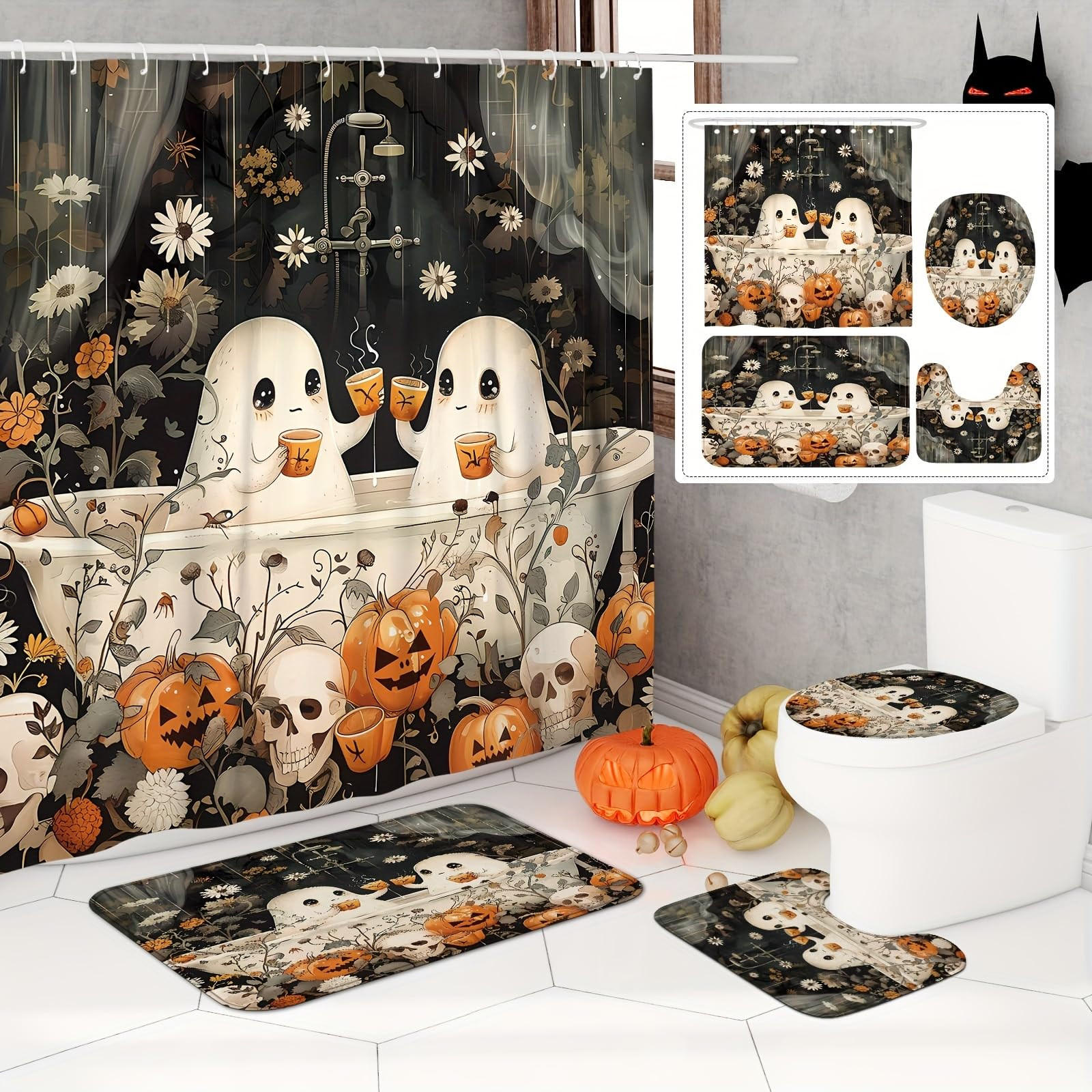 DUSCHVORHANG SET Halloween Stück mit rutschfester Matte Toilette und mit Haken 180 x 180 cm - Multicolor, Textil (180/180cm) - MCBOSON