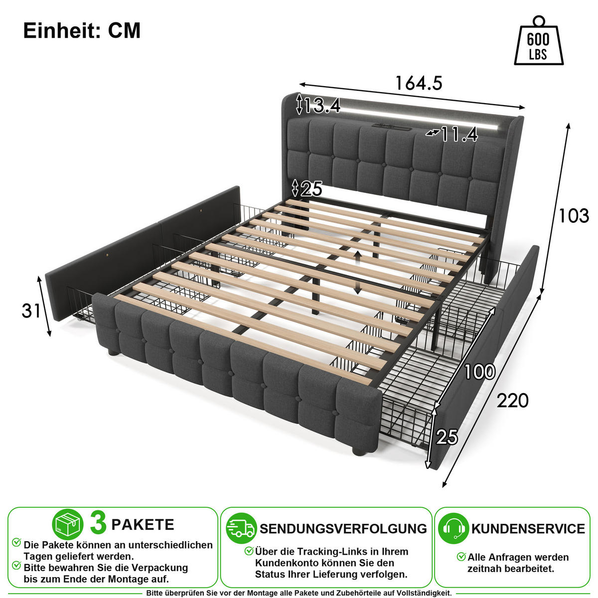 POLSTERBETT 160/200 cm in Grau Stoff mit 4 Schubladen, LED, USB und Matratze - Grau, Holzwerkstoff/Textil (160/200cm) - CHICFURN