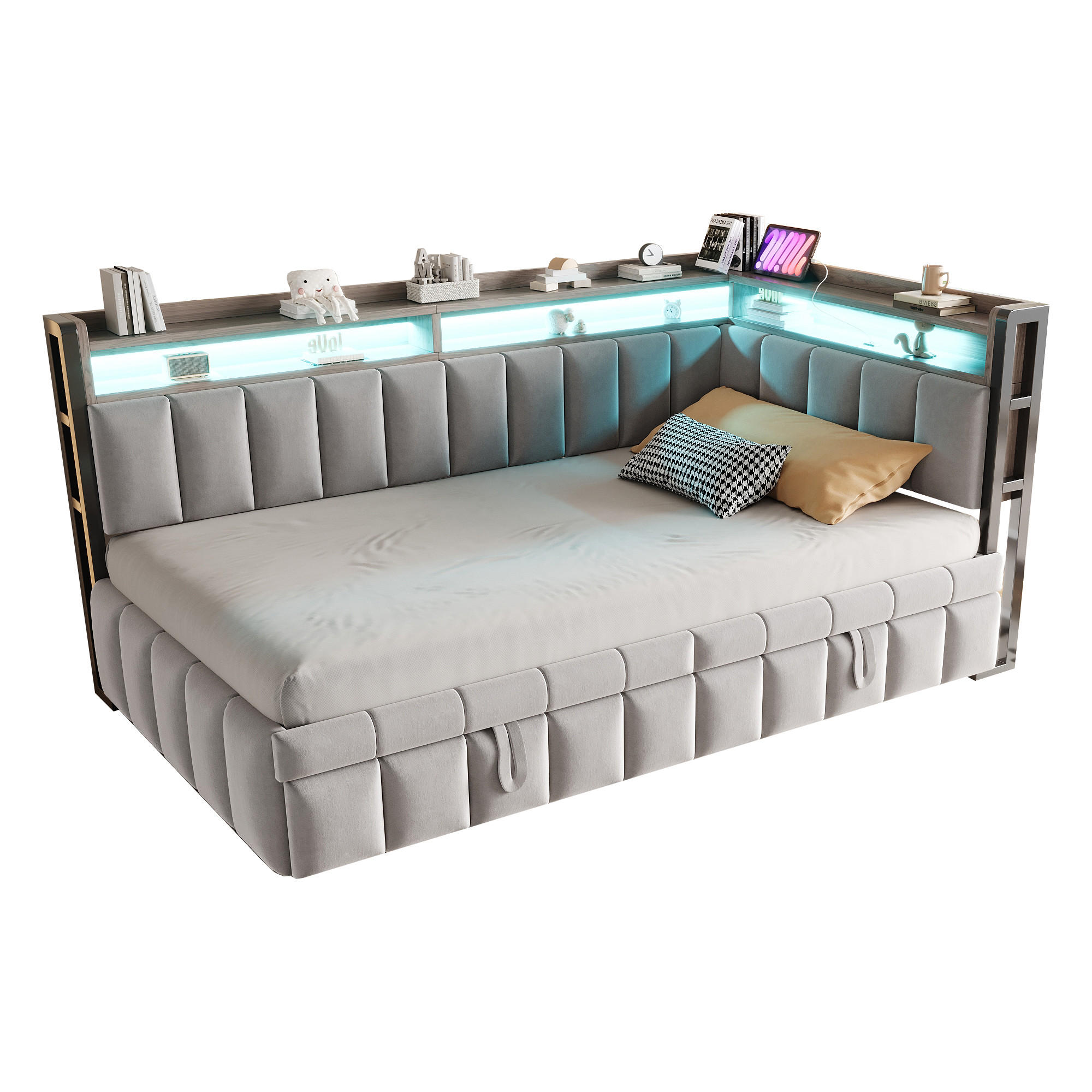 SCHLAFSOFA 90x200cm mit Ausziehbett, LED, USB-C, Hellgrau - Hellgrau, Textil (90/200cm) - FLIEKS