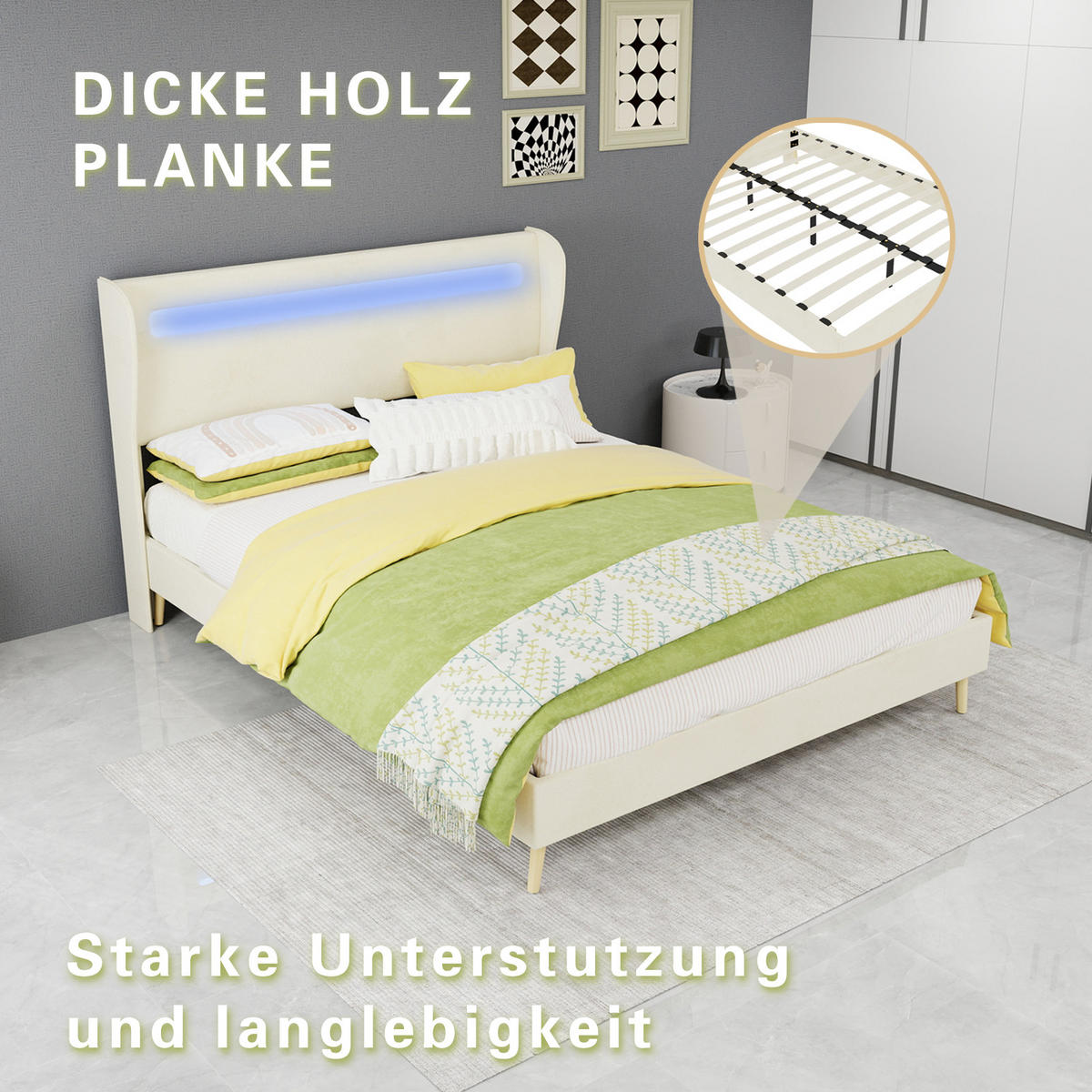 POLSTERBETT 140/200 cm DE-35471 mit LED-Kopfteil Beige - Beige, Metall (140/200cm) - ComfortXL