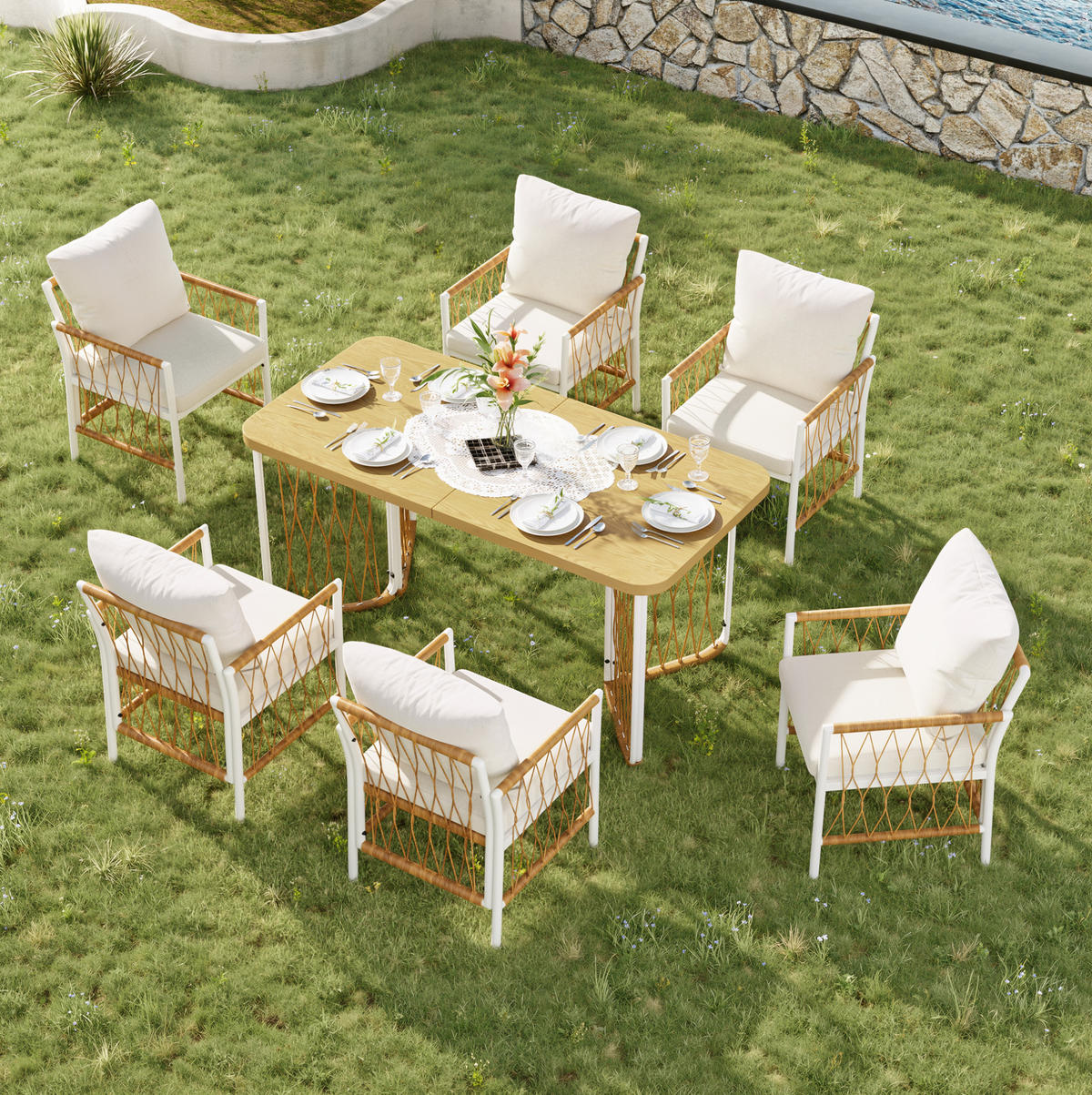 GARTENMÖBEL-SET mit Tisch 159,5 cm Eisen/Rattan 7-tlg. - Beige, Metall - Beauniv