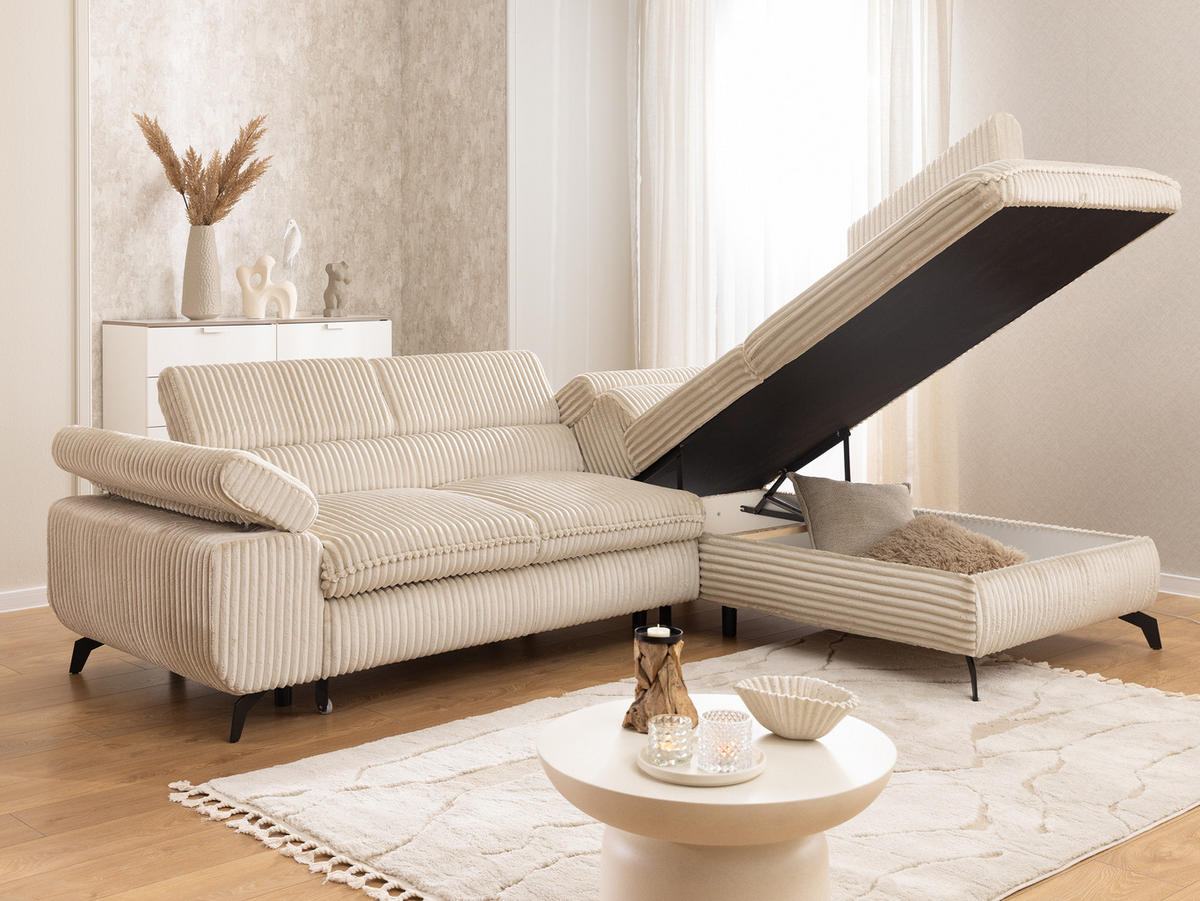 ECKSOFA mit Schlaffunktion und Bettkasten Bonnie aus Hellbeige Cord-Stoff mit verstellbaren Kopfstützen und Armlehne - Ottomane rechts - Beige/Schwarz, Holz/Textil (275/210cm) - S-Style Möbel