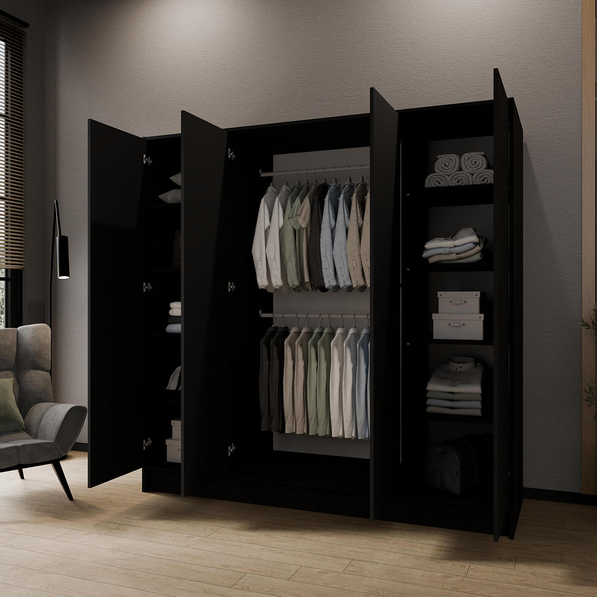 FLÜGELTÜRENSCHRANK GALA - Schwarz, Holzwerkstoff (200/200/51cm) - Meblini