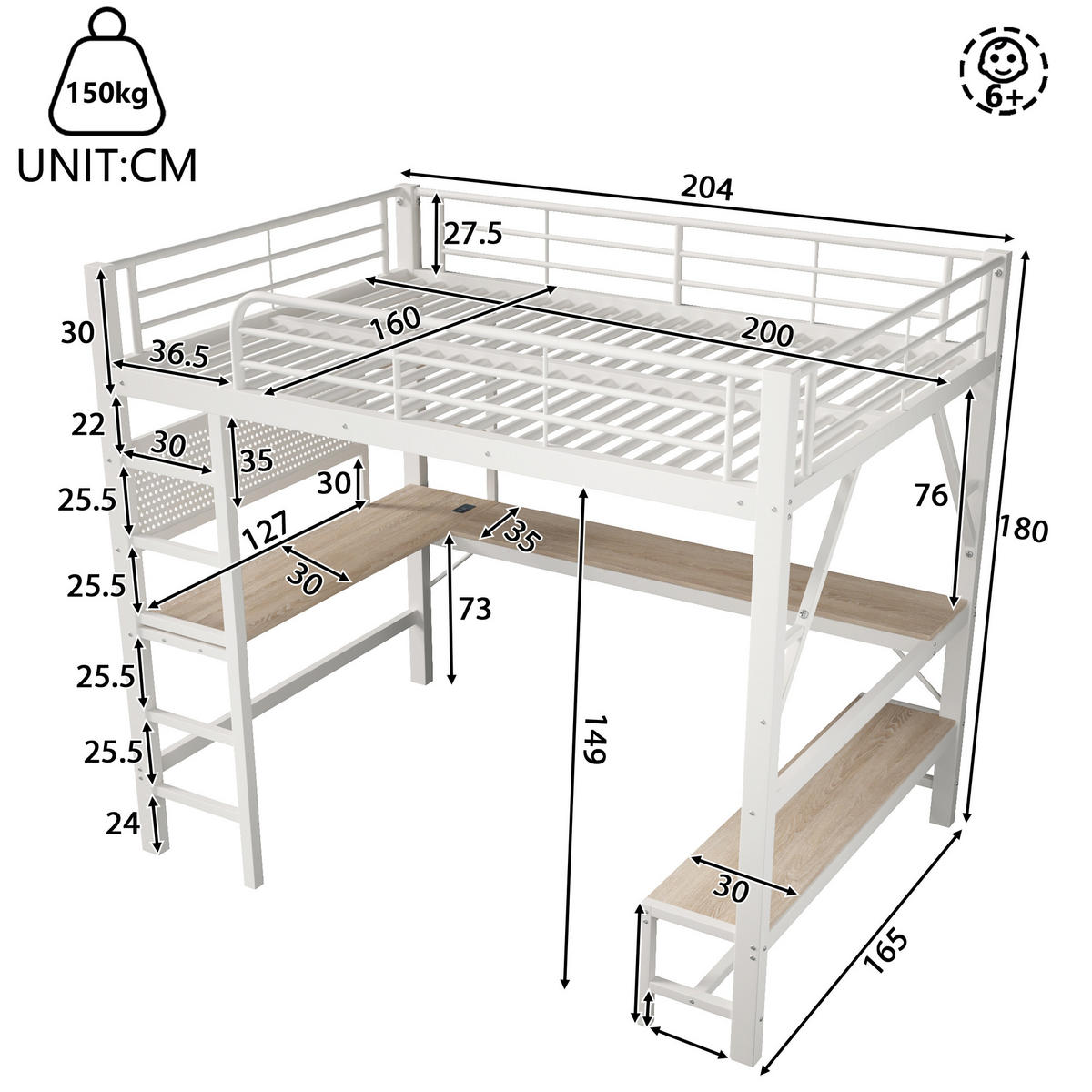 HOCHBETT 160/200 cm mit Schreibtisch und LED, DE-41983, in Weiß - Weiß, Metall (160/200cm) - ComfortXL
