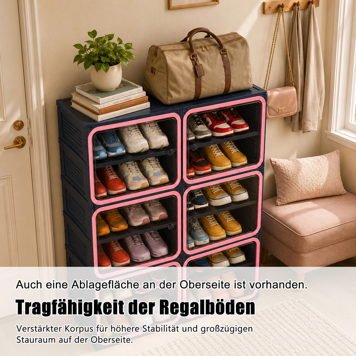 SCHUHSCHRANK, Doppelfach mit 6 Ebenen, faltbar, montagefrei, aus Kunststoff, Flurmöbel, Blau-Pink - Pink, Kunststoff (85/104/34cm) - GENKI LIVING
