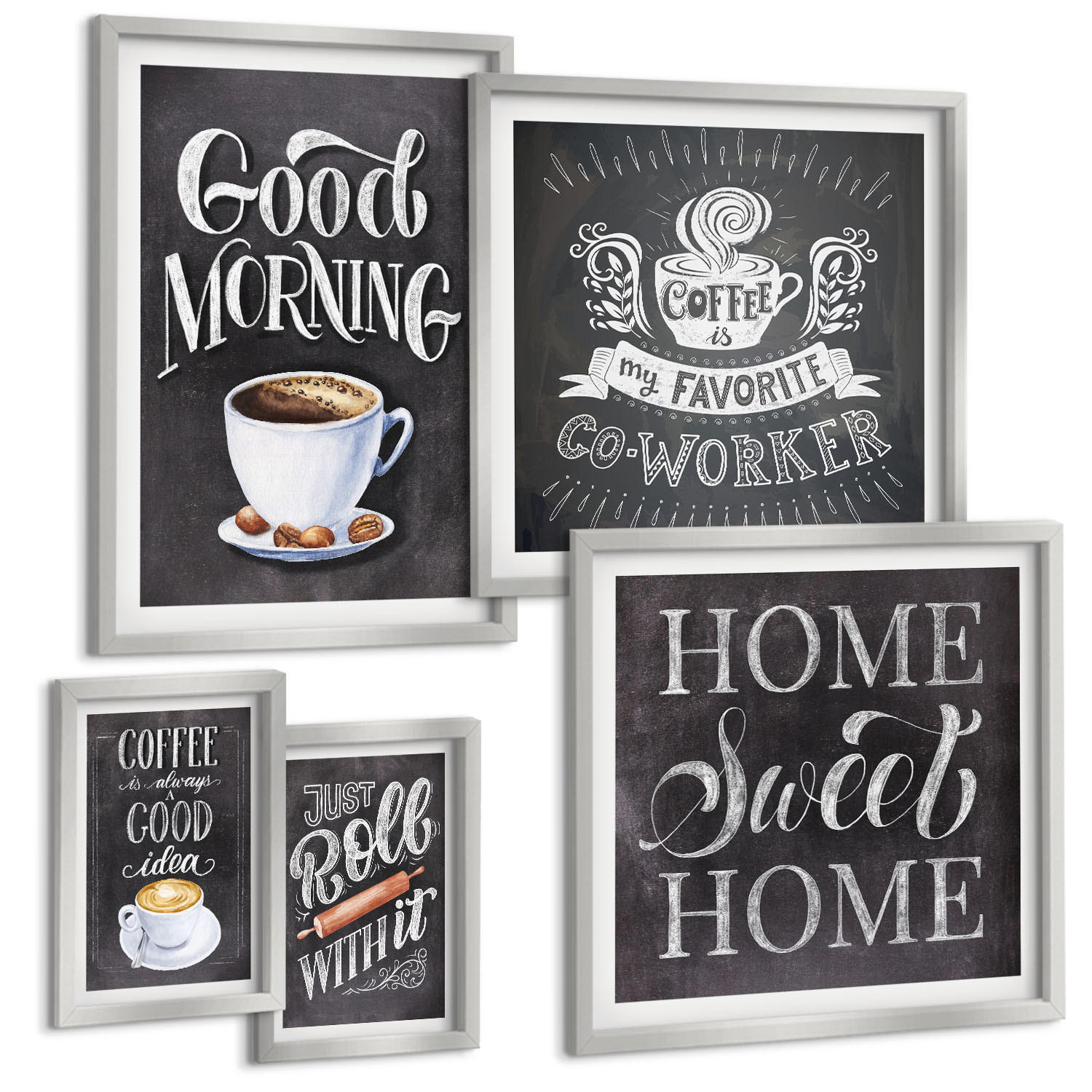 BILDER SET 5er Set - 50x50 cm & 20x30 cm & 40x60 cm Silberner Rahmen - Kaffeeroller, heimelige Wärme - Silberfarben, Kunststoff (40/60cm) - TULUP