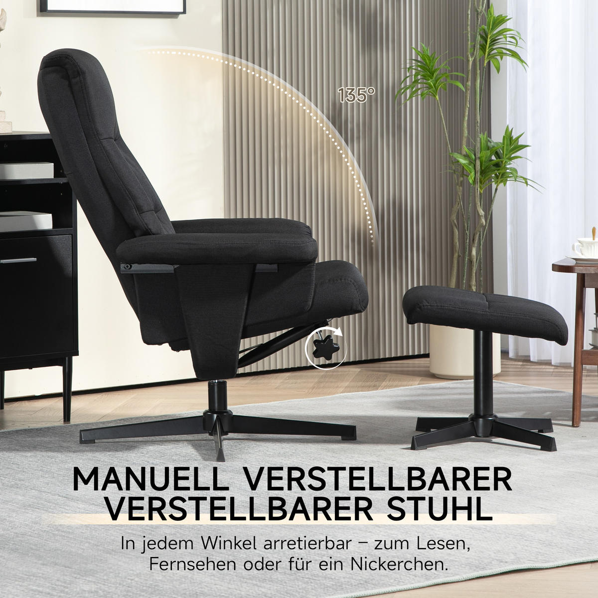 RELAXSESSEL mit Hocker, Gepolstert Fernsehsessel mit Liegefunktion, Schwarz - Schwarz, Textil/Metall (81/102/74cm) - HOMCOM