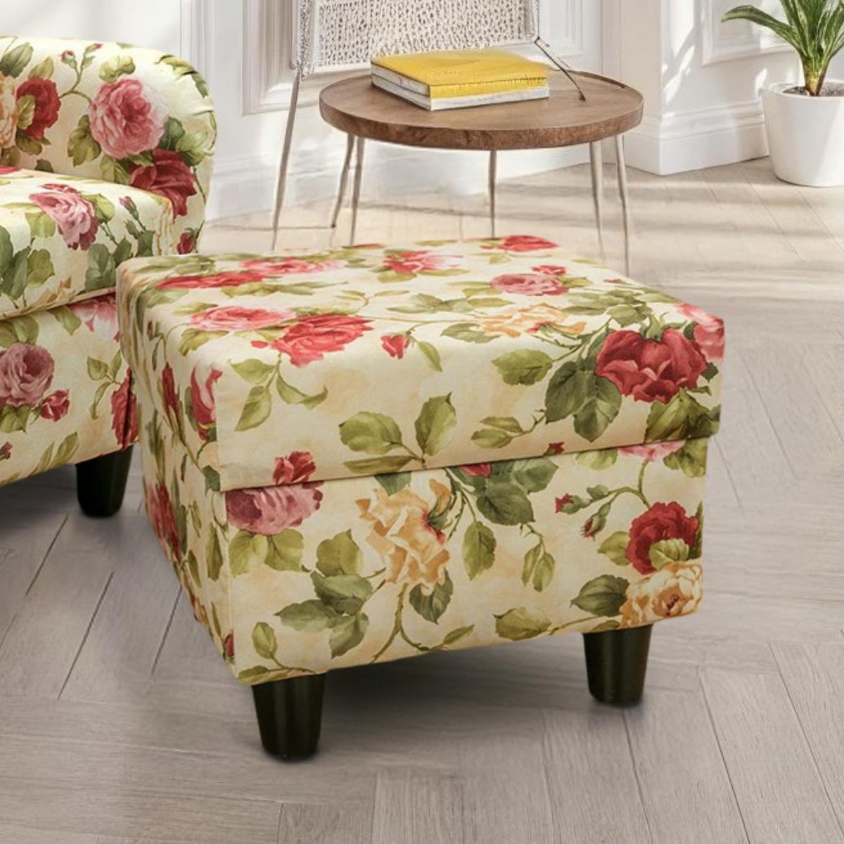 OHRENSESSEL mit HOCKER, hoher Sitzkomfort durch Wellenunterfederung B90/H98/T76 cm, Webstoff Blumenmuster bunt / 18004 - Beige/Multicolor, Holz/Textil (90/98/76cm) - luma-home