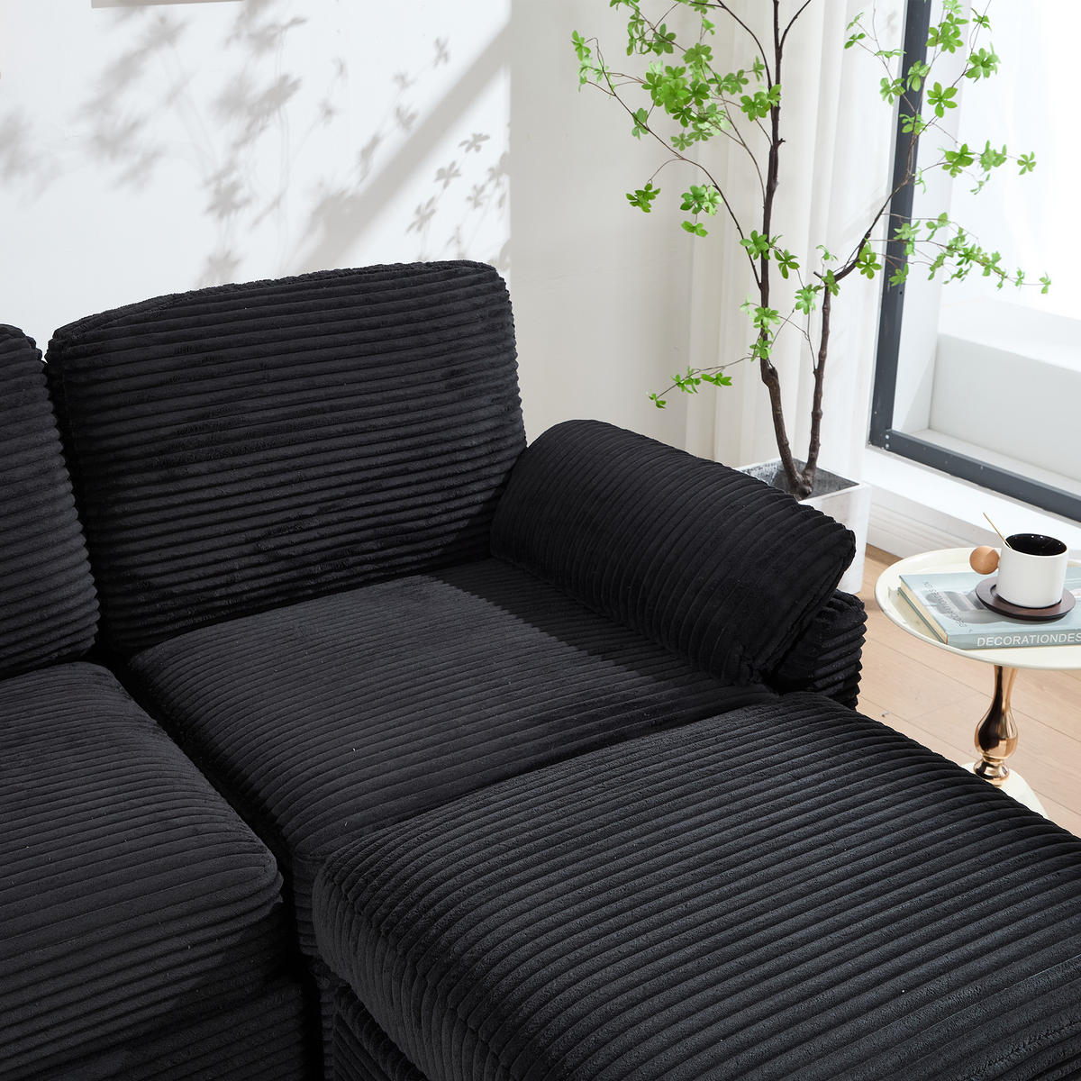 ECKSOFA L-Form mit verstellbarer Mittelkonsole und Stauraumhocker Cord schwarz 266/136/82 cm - Schwarz, Textil (266/136cm) - OKWISH