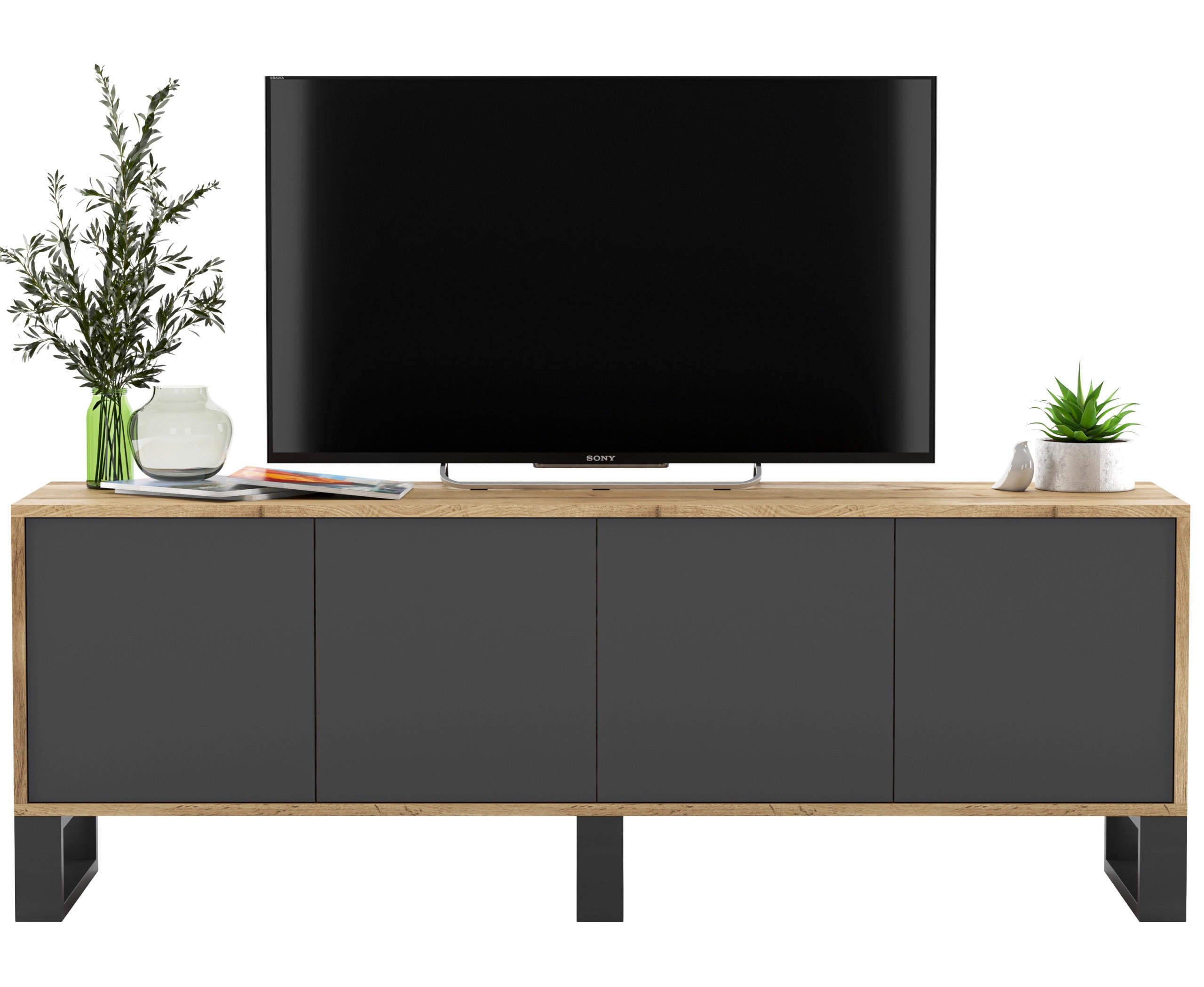 Meble Lindner TV stolek Apollo2 dub Wotan / grafit matný 150 cm s kovovými nohami