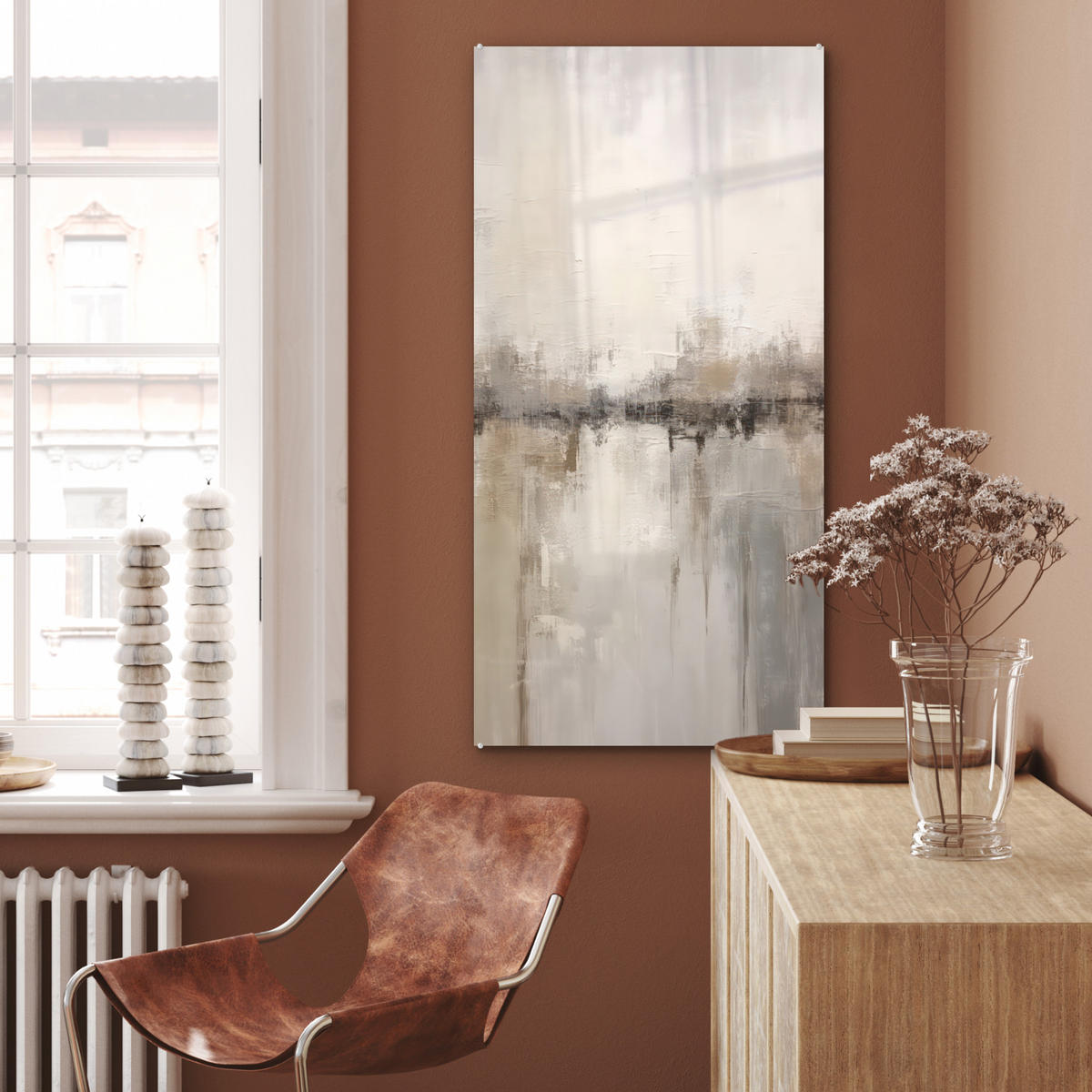 ACRYLGLASBILD Moderne Kunst - Abstrakt - Beige 60x120 cm - Beige, Glas (60/120cm) - MuchoWow