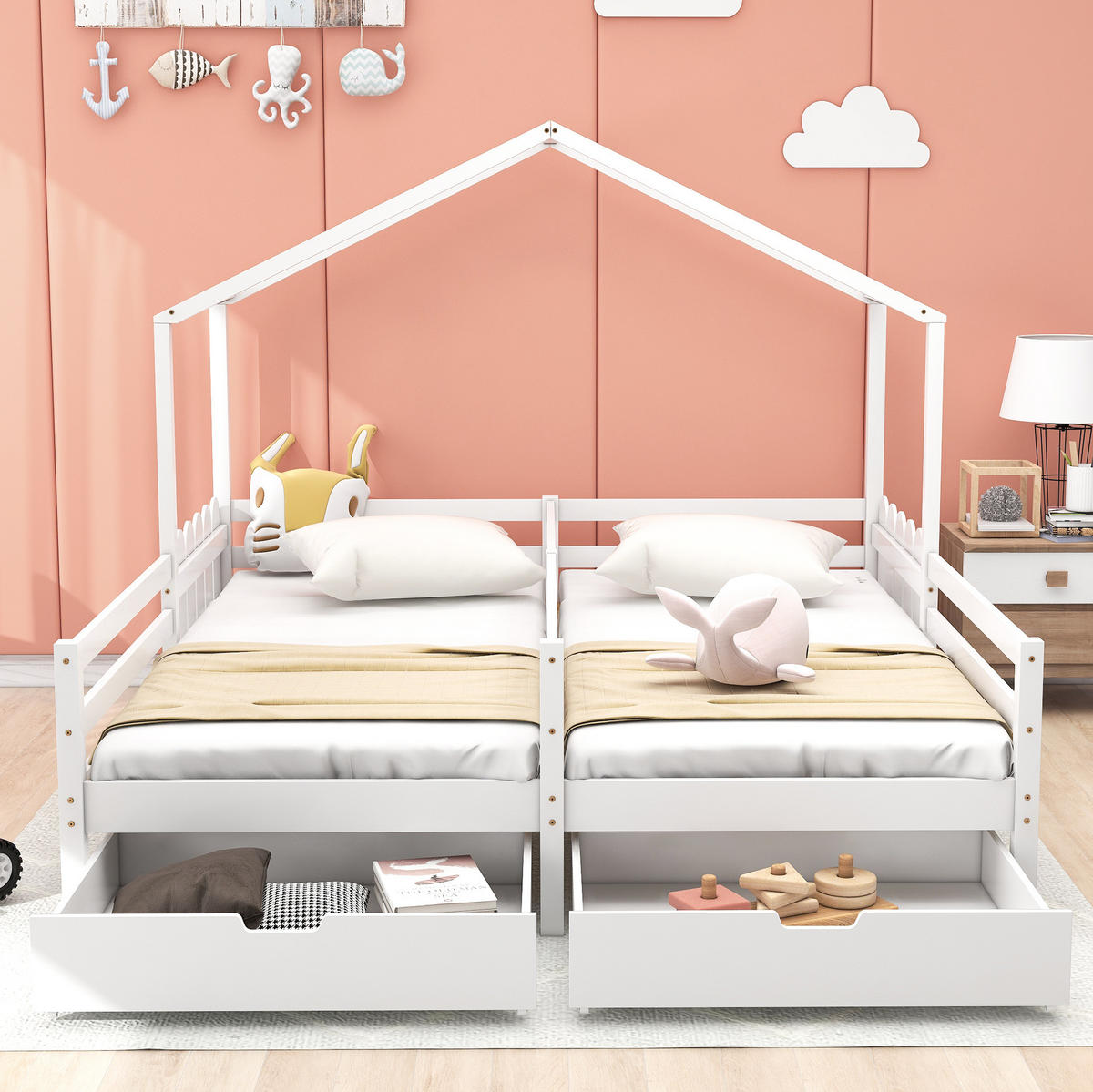 KINDERBETT Hausbett 2 x 200/90 cm mit 2 Schubladen, Schutzgitter gestell, Weiß - Weiß, Holzwerkstoff (90/200cm) - Redom