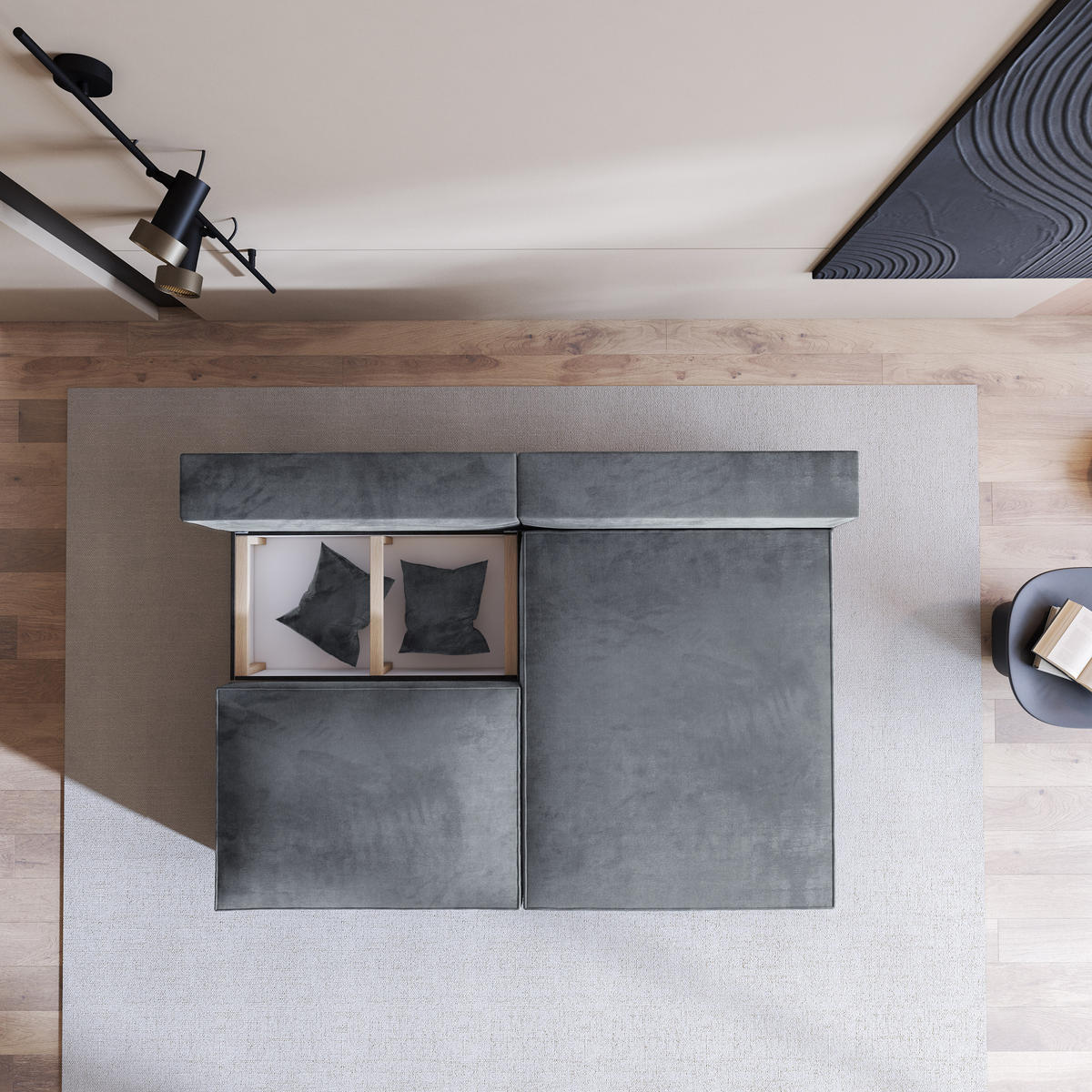 ECKSOFA FIORO M Grau Velours-Stoff mit Schlaffunktion - Grau, Holz/Kunststoff (204/148cm) - MASSENO