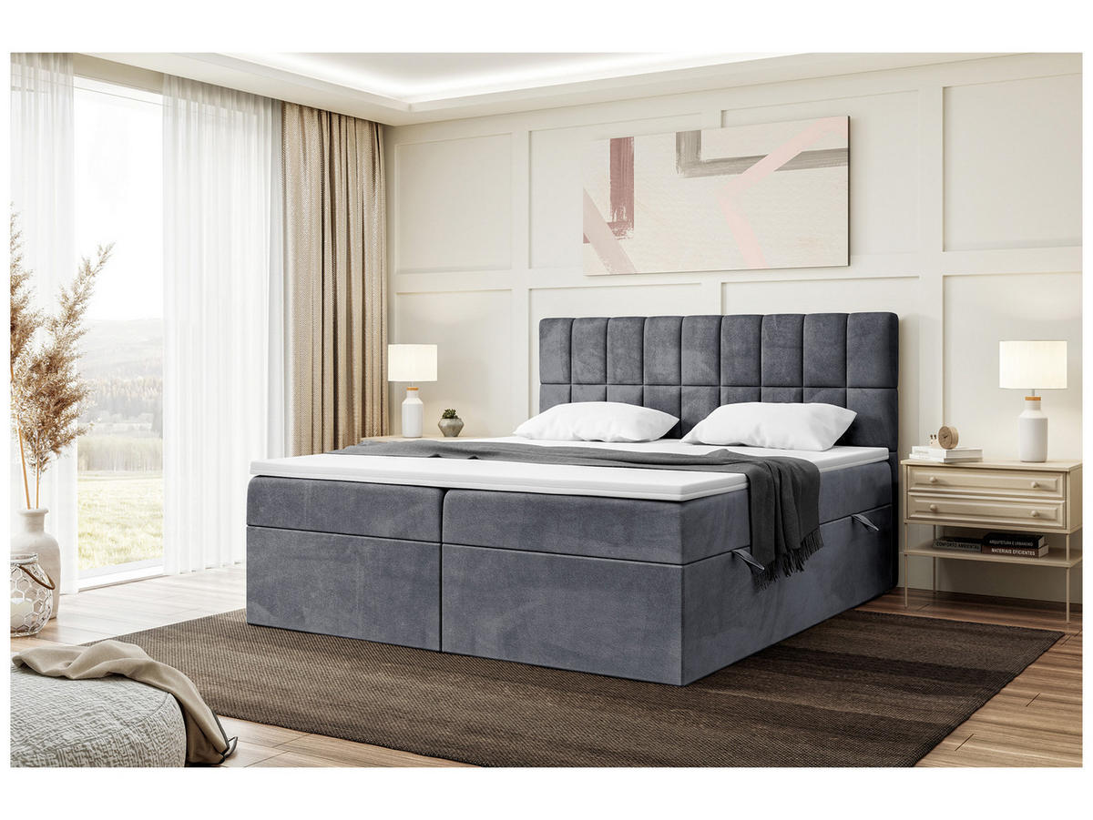 BOXBETT LUKAS 160x200 cm in Dunkelgrau Samt - Dunkelgrau/Schwarz, Holz/Holzwerkstoff (160/200cm) - Meblini