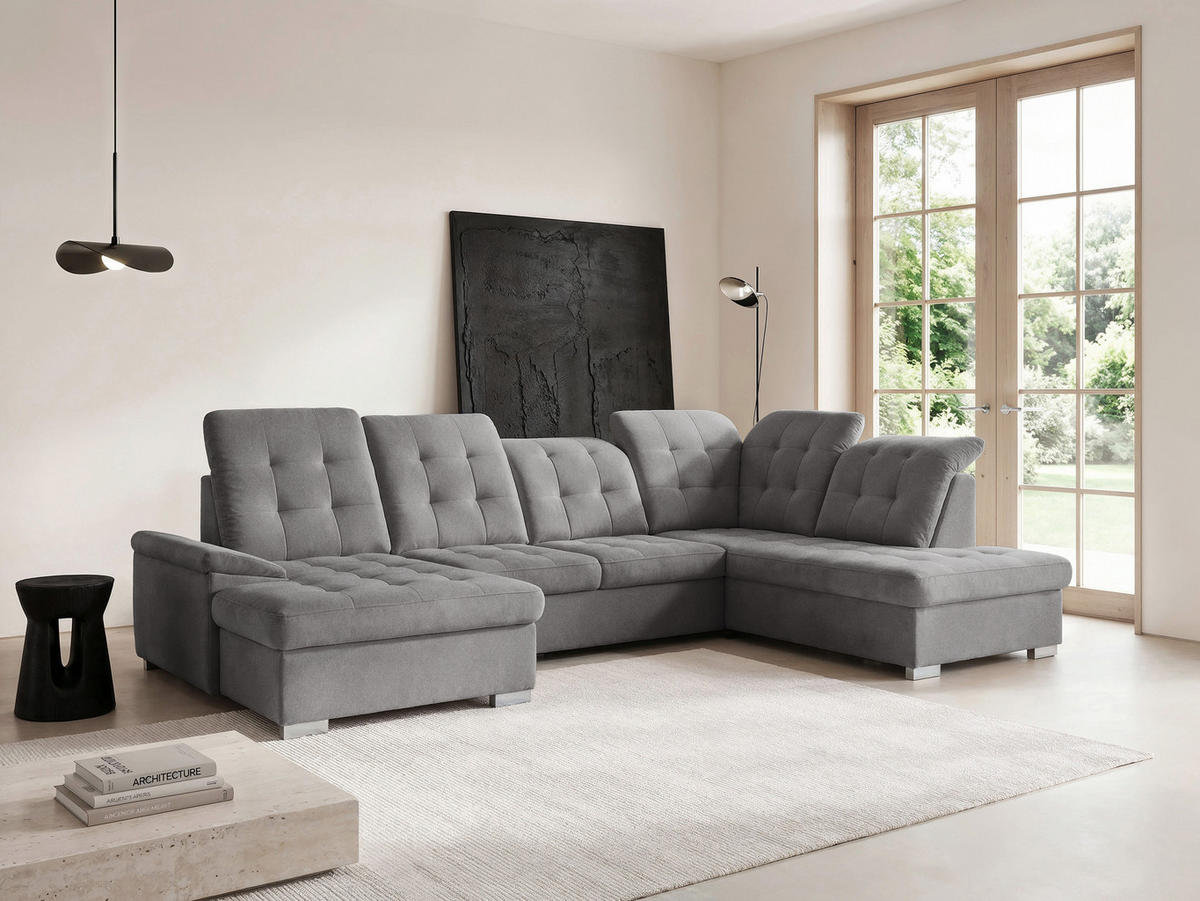 WOHNLANDSCHAFT ANON Ottomane Rechts, mit Schlaffunktion und Bettkasten, Grau - Grau, Kunststoff/Textil (322/87/220cm) - Idohome