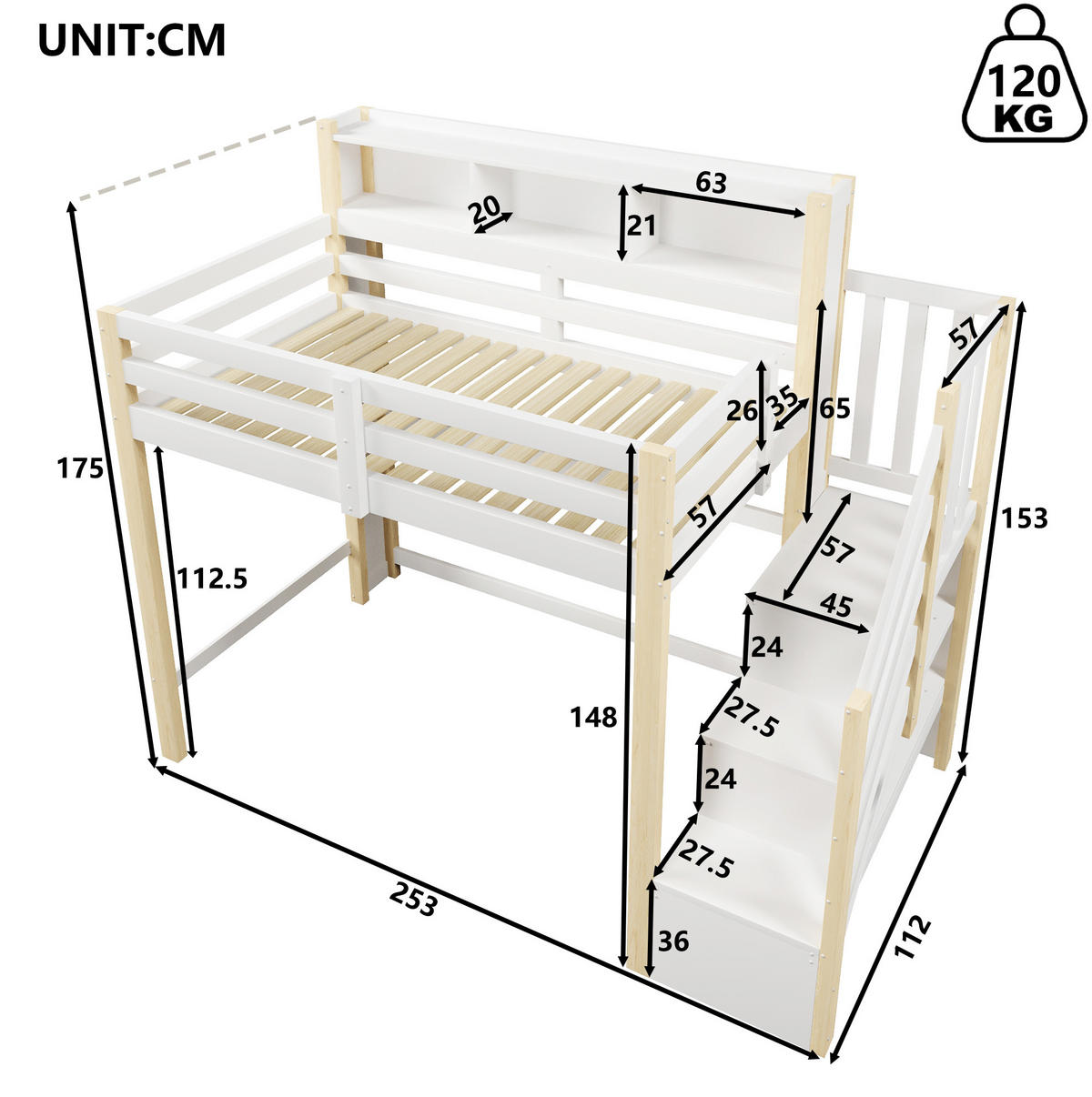 HOCHBETT 90x200 cm in Weiß und Natur mit LED-Beleuchtung, Stauraumtreppe und Ablagefach - Weiß, Holz (90/200cm) - IVMEU