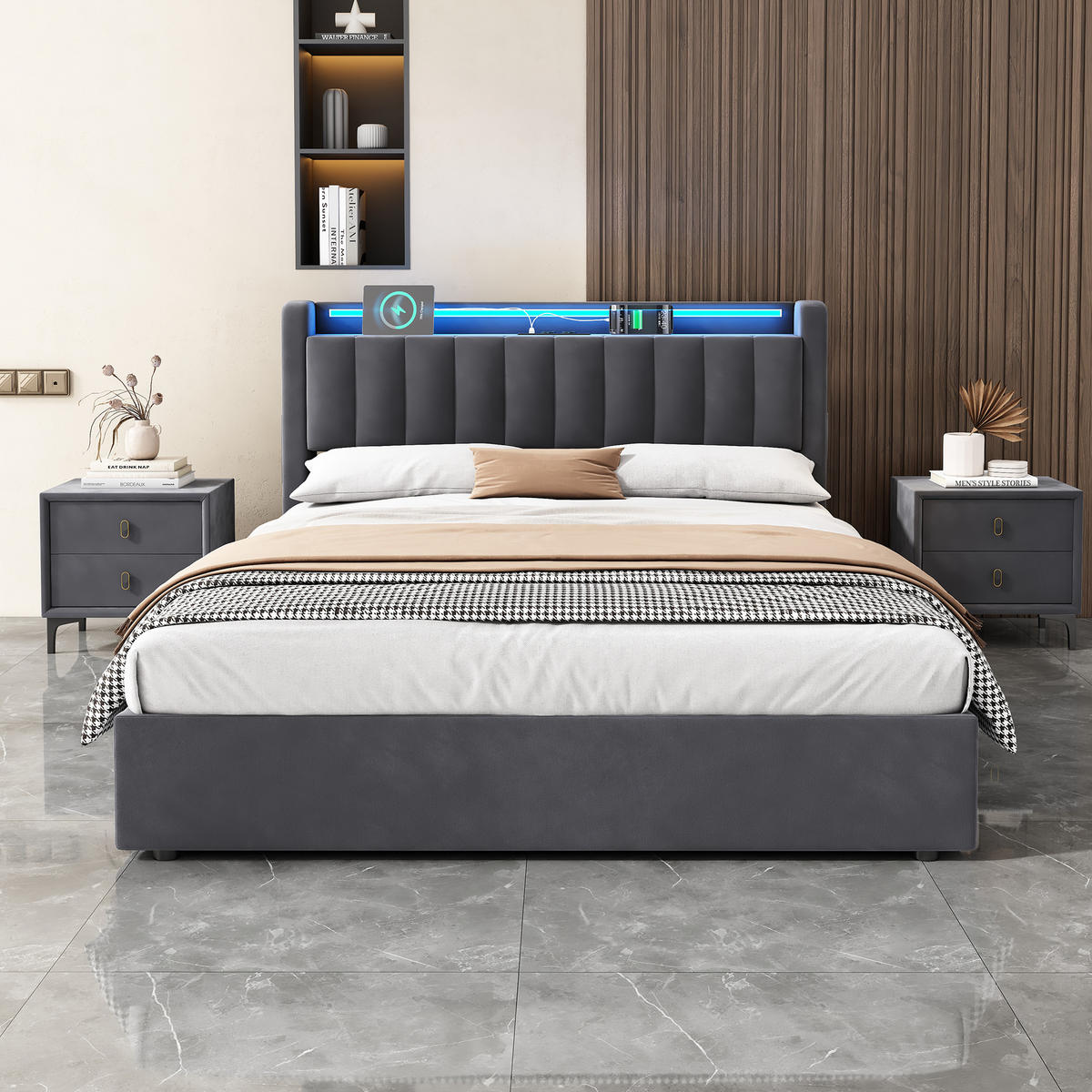 POLSTERBETT 140/200 cm Grau mit LED-Lichtleiste und USB-Anschlüssen - Grau, Holzwerkstoff (140/200cm) - OKWISH