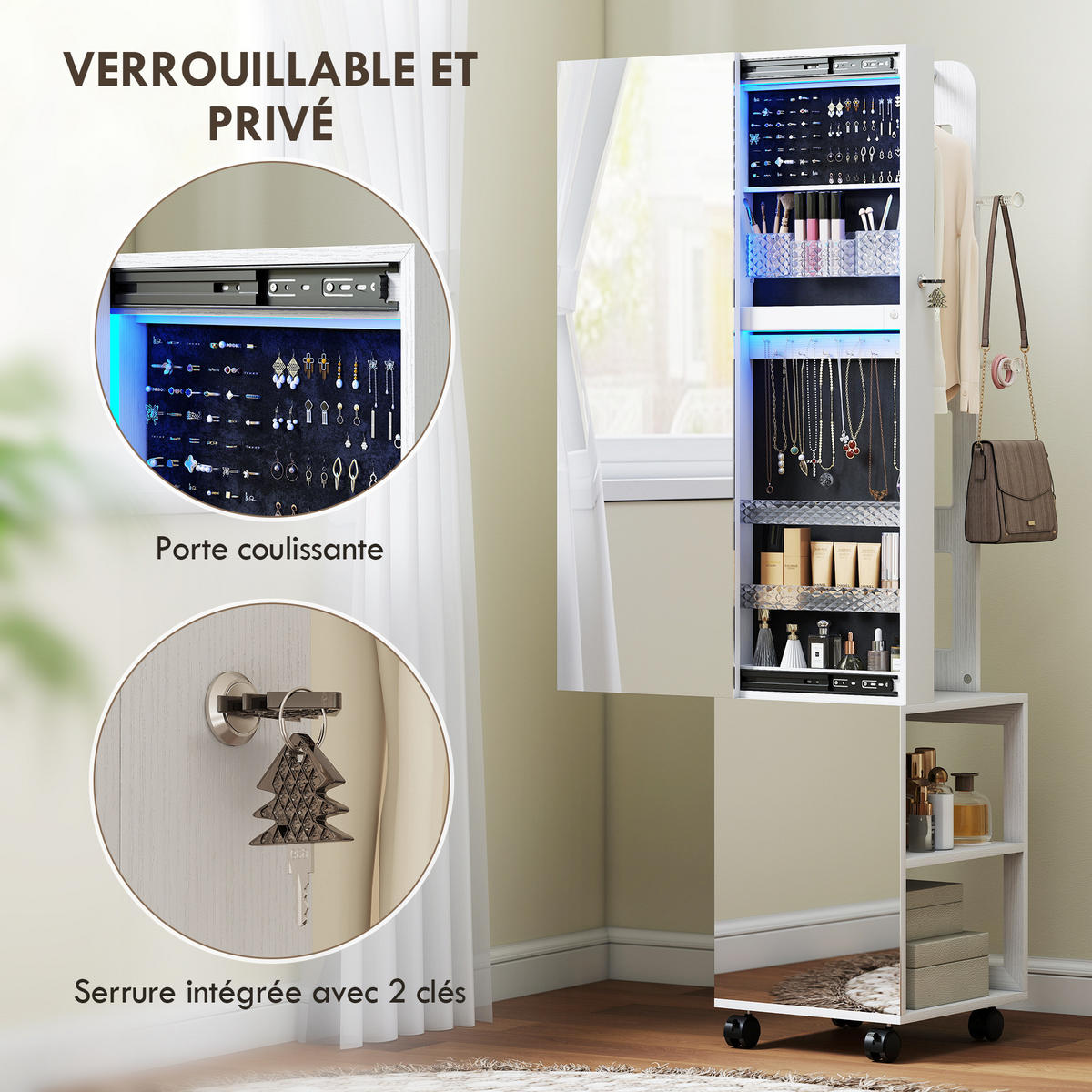 STANDSPIEGEL DE-18889 360° drehbar, LED, 165,5 cm Weiß - Schwarz, Holzwerkstoff (40/165.5/37cm) - ComfortXL