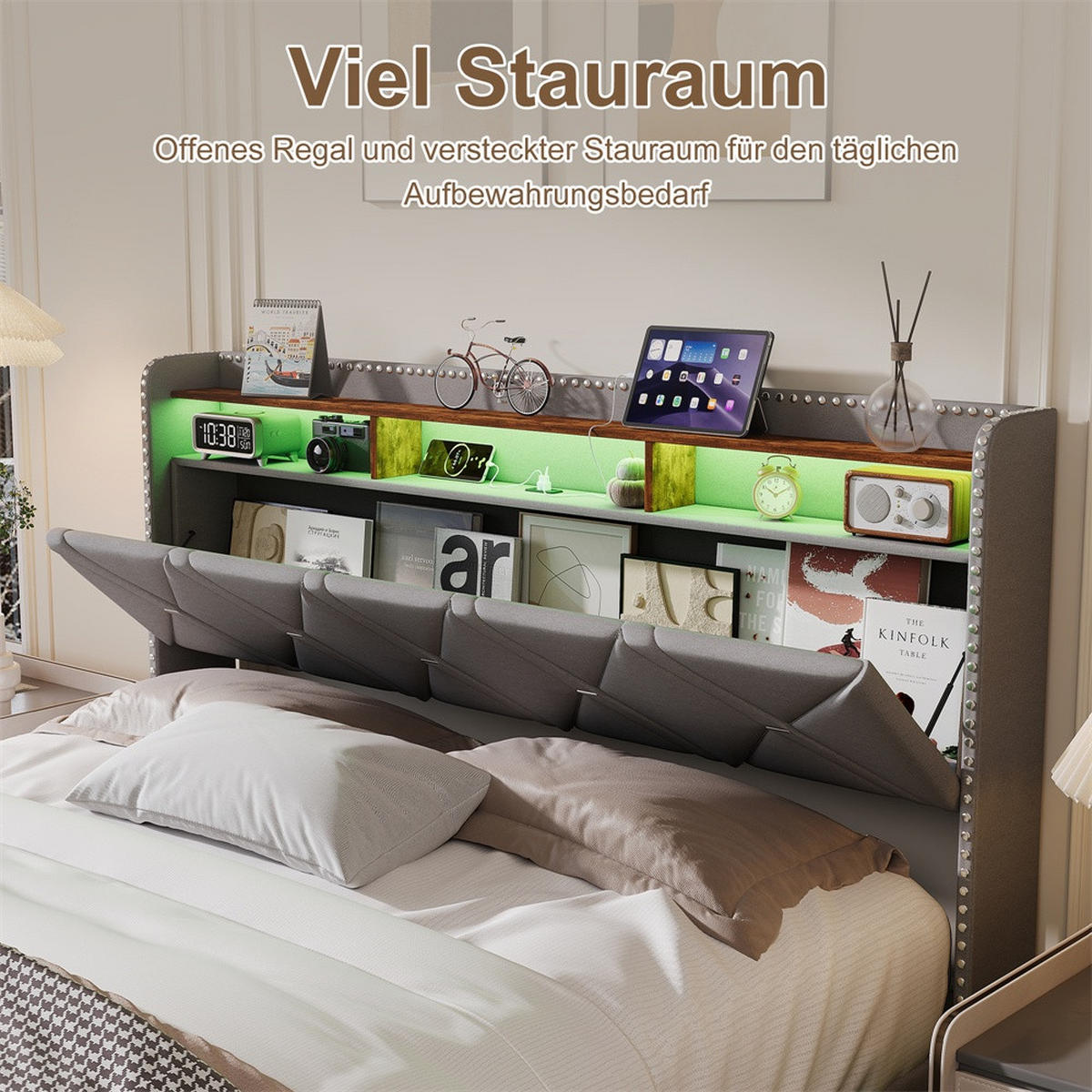POLSTERBETT 140x200cm mit hydraulischer Hebefunktion - USB Type-C und LED-Beleuchtung - ohne Matratze - Grau - Grau, Textil (140/200cm) - DELFA
