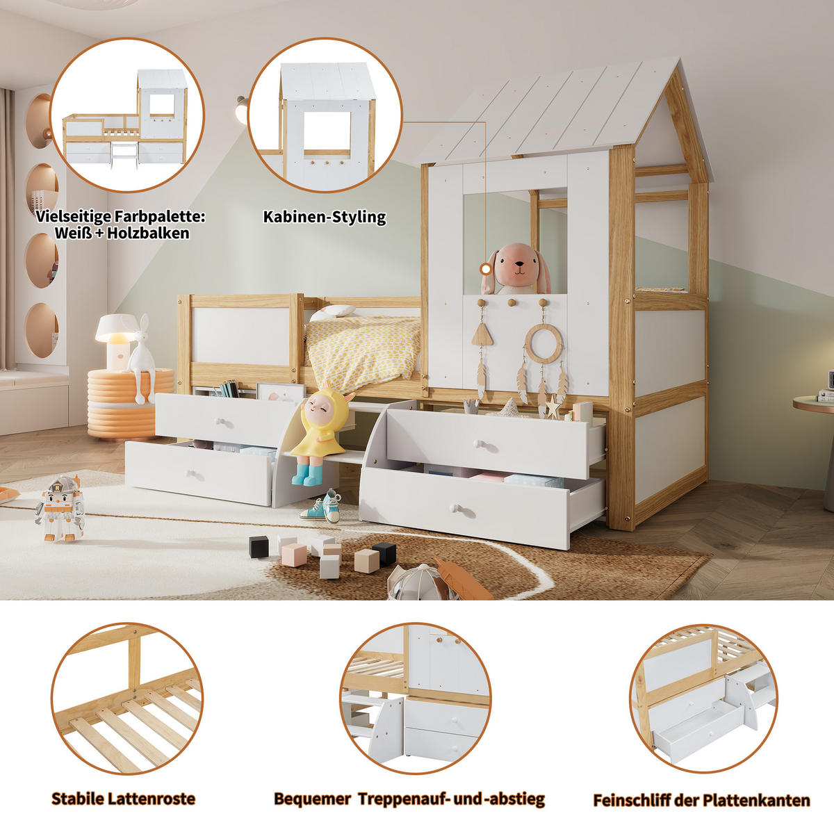 KINDERBETT 90/200 cm in Weiß & Natur mit 4 Schubladen und Treppe - Weiß/Naturfarben, Holz/Holzwerkstoff (90/200cm) - CHICFURN