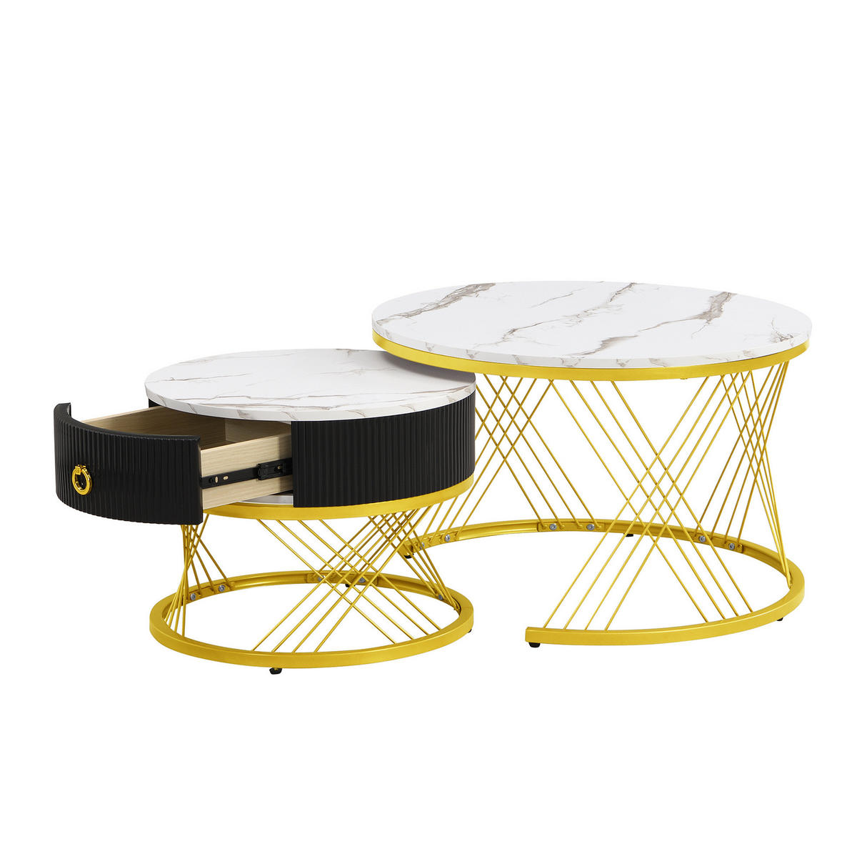 COUCHTISCH 70/70/45 cm und 50/50/40 cm in Weiß/Gold aus MDF mit Schublade - Weiß, Holzwerkstoff (70/70/45cm) - OKMYHOME