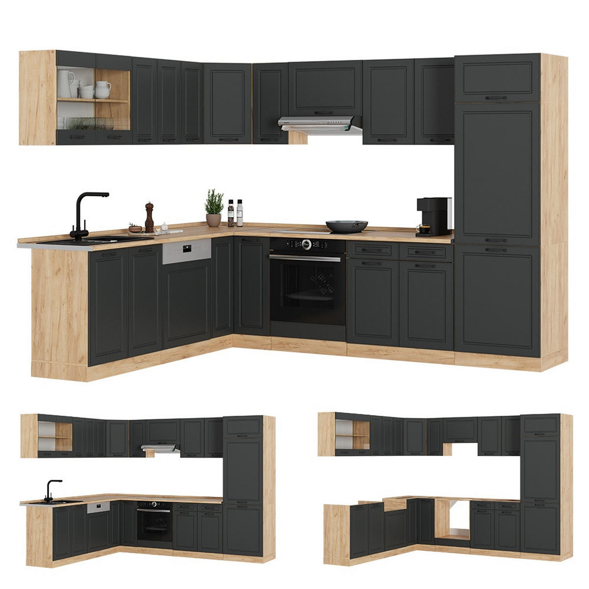 ECKKÜCHE R-Line, Anthrazit Landhaus/Goldkraft Eiche, 287 x 227 cm, AP Marmor - Honigeiche/Anthrazit, Holzwerkstoff (287/206.8/60cm) - Vicco