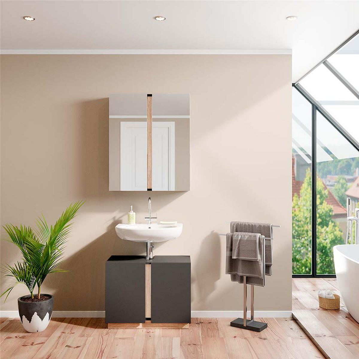 BADMÖBEL-SET Gloria Anthrazit 2 Teile - Anthrazit/Sonoma Eiche, Holzwerkstoff (70/55/34cm) - Vicco