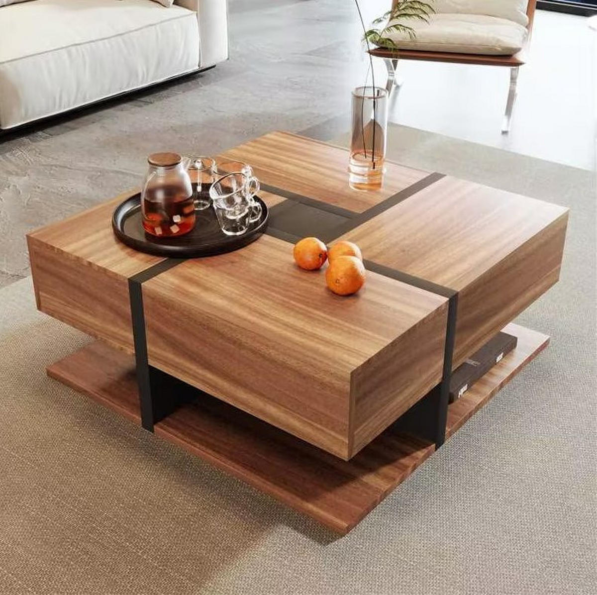 COUCHTISCH 78/78/36 cm mit 4 Schubladen und Ablage in Natur/Schwarz - Naturfarben, Holzwerkstoff (78/78/36cm) - Flora Grace