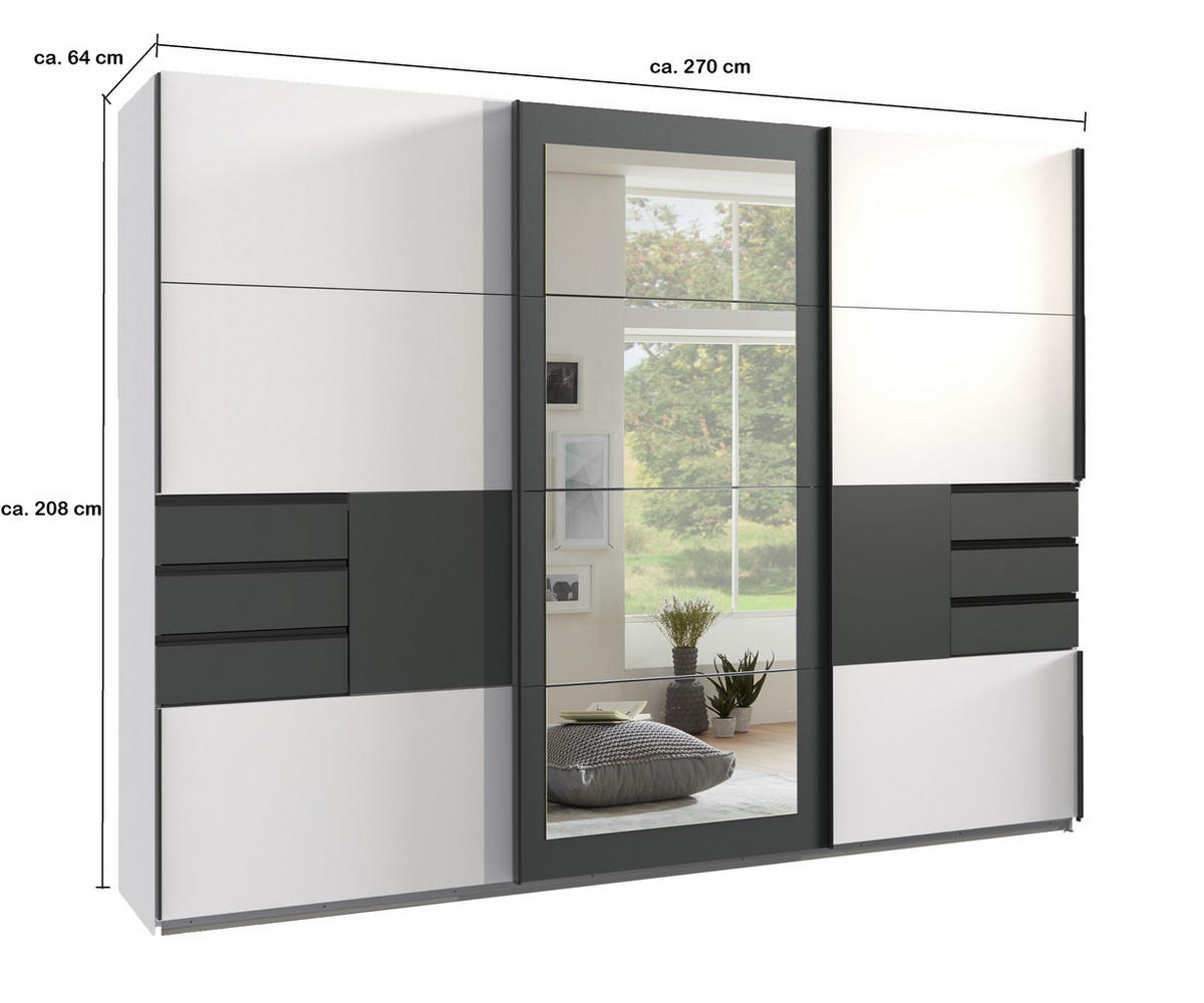 SCHWEBETÜRENSCHRANK 3-türig mit Spiegel, Schubladen, Vollausstattung in Weiß mit Absetzungen in Grafit, B270/H208/64 cm / 22502 - Schwarz/Weiß, Holzwerkstoff/Metall (270/208/64cm) - luma-home