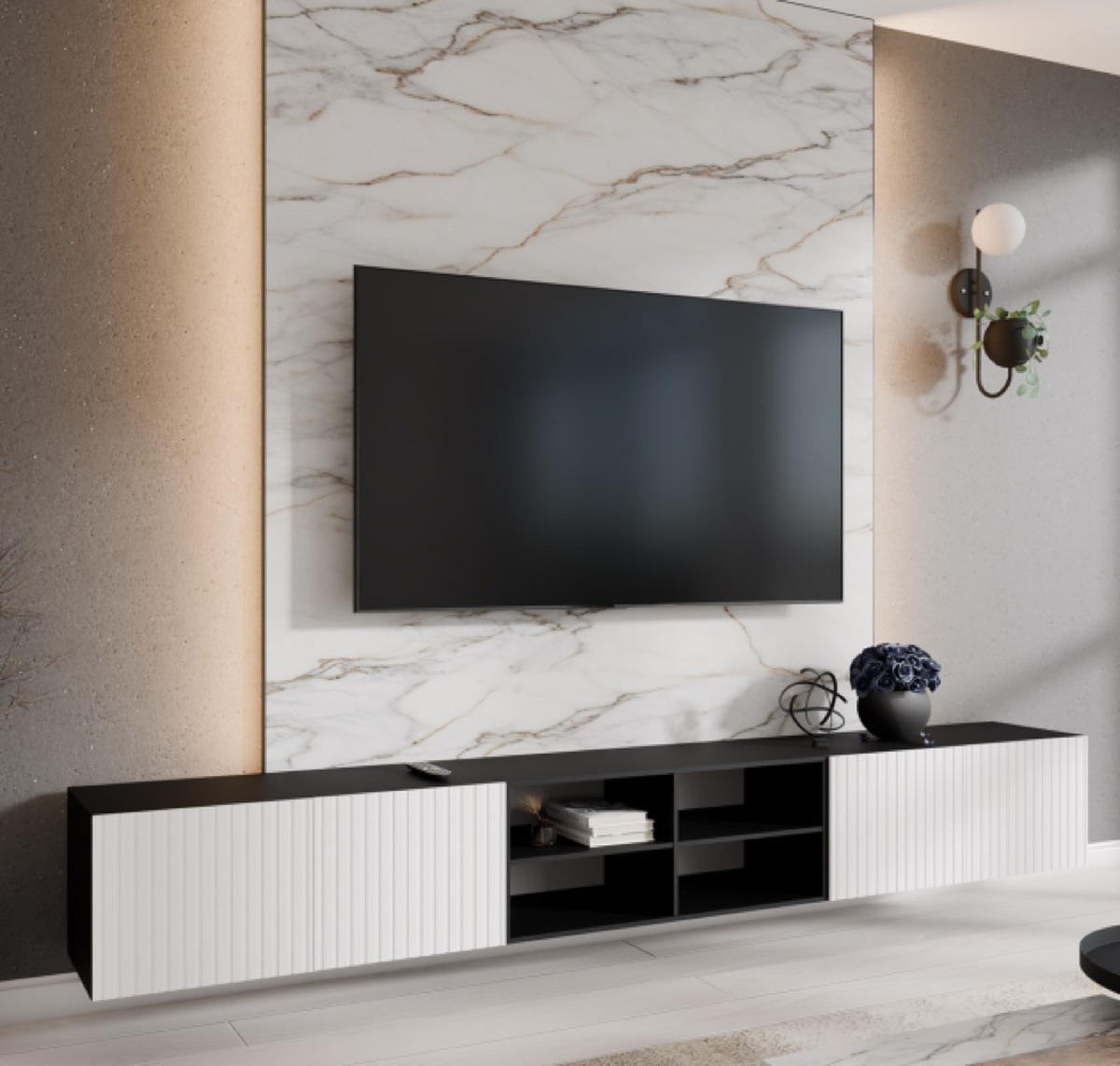 TV-SCHRANK Schwarz Weiß RIO Offene Regale Geriffelte Fronten 300 cm - Schwarz/Weiß, Holzwerkstoff (300/41/40cm) - Sepro Meble