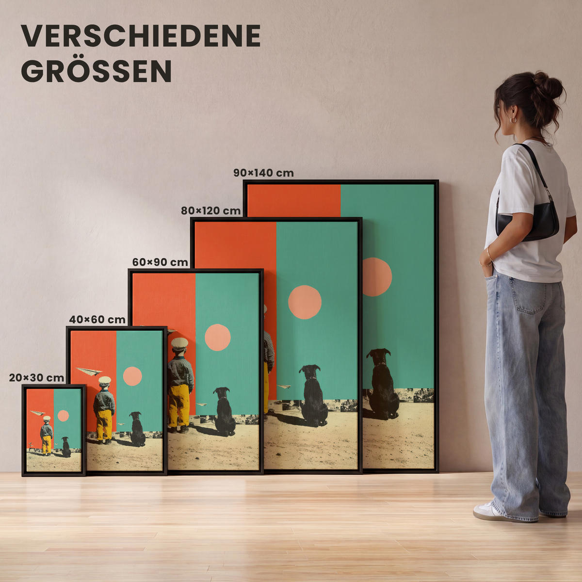 LEINWAND Bilder mit Rahmen - Retro - Junge - Hund - Rot - Grün - 90x140 - Orange, Textil (90/140cm) - MuchoWow