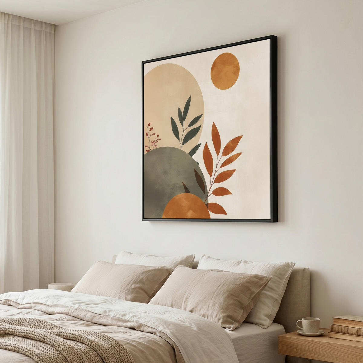 LEINWAND Bilder mit Rahmen - Formen - Rund - Blätter - Beige - 90x90 - Rostfarben, Textil (90/90cm) - MuchoWow