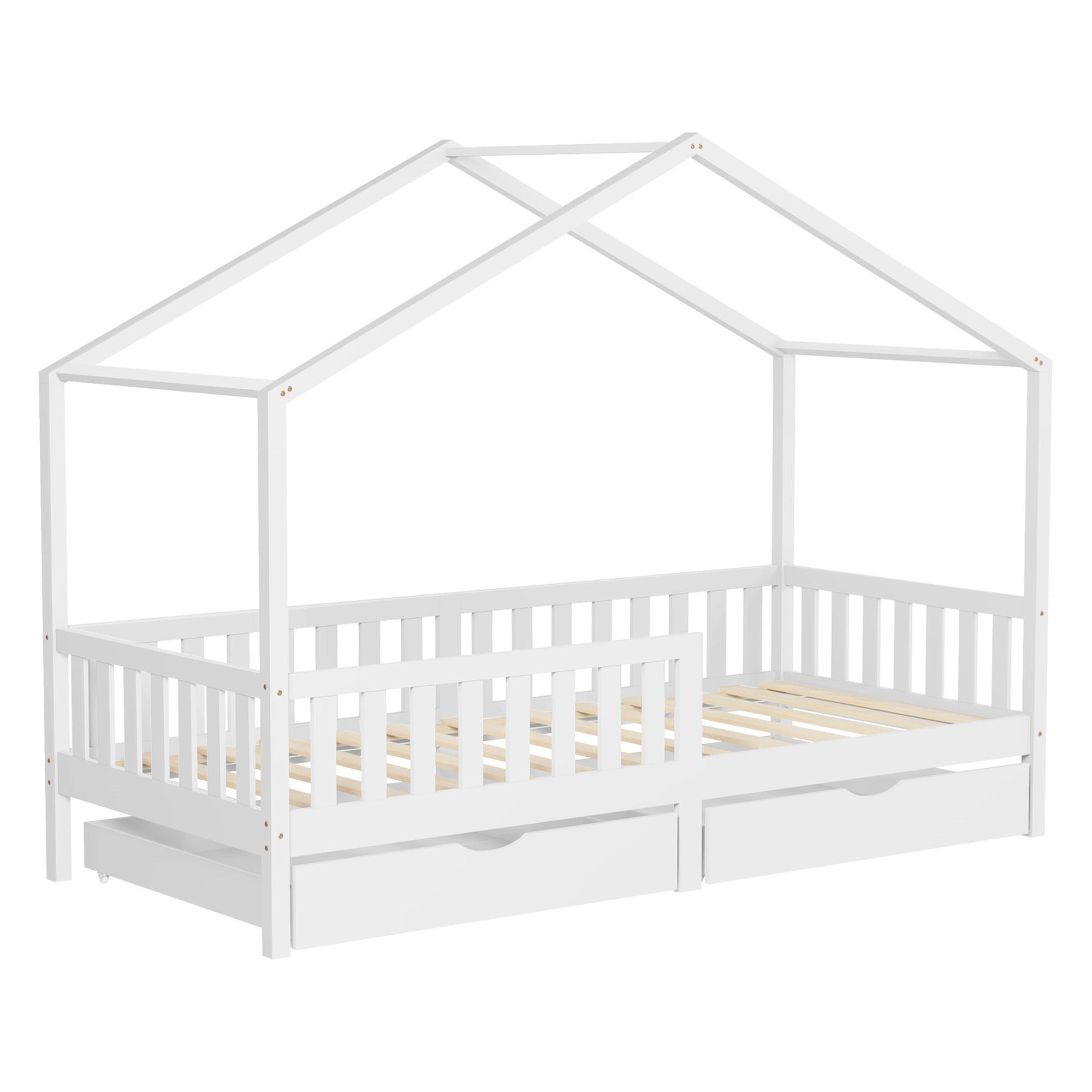 HAUSBETT 90x200 cm Weiß aus Kiefernholz mit 2 Schubladen und Rausfallschutz - Weiß, Holz (90/200cm) - ML-DESIGN