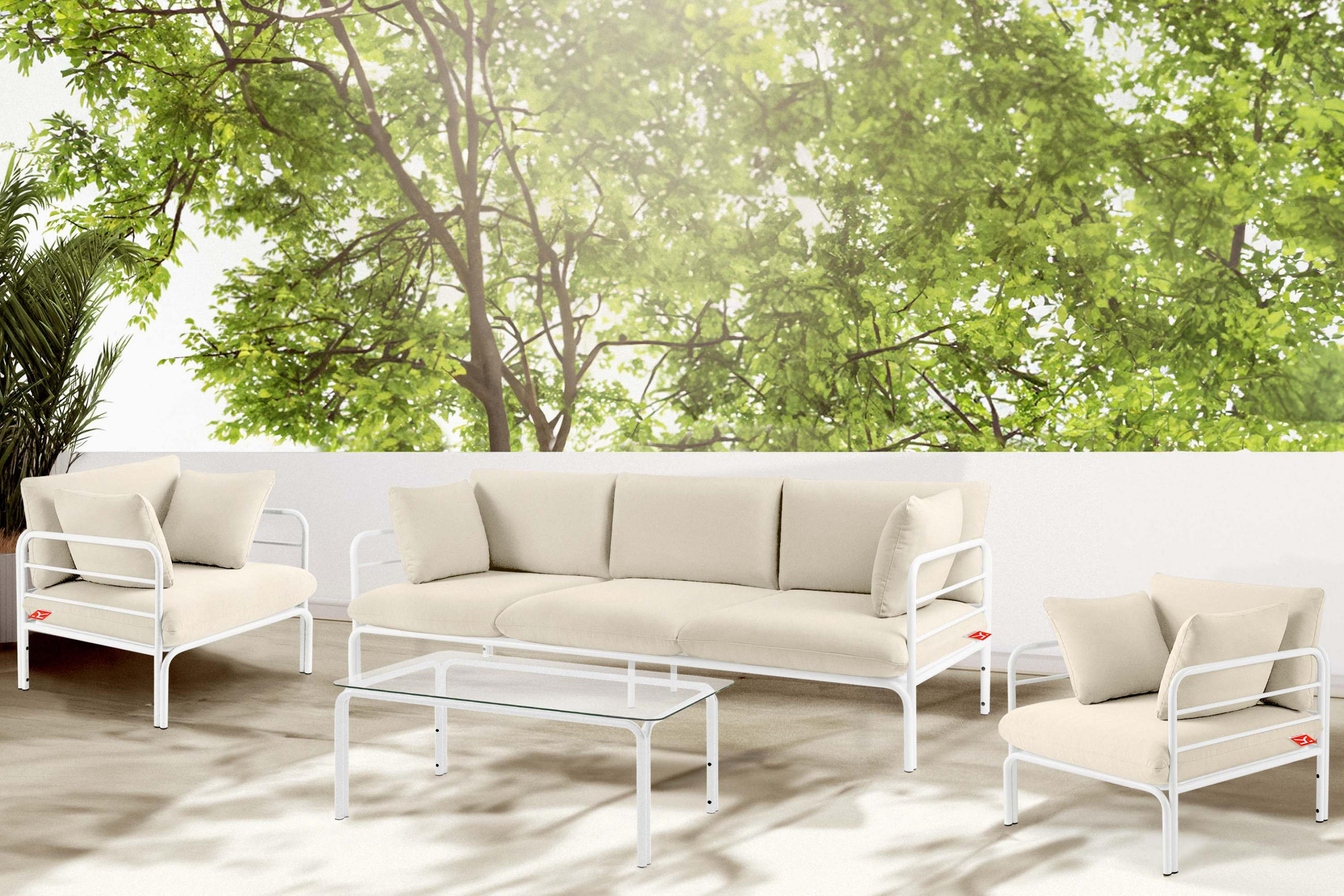 GARTENMÖBELSET RAMBE 4-tlg. 1x Tisch 2x Sessel 1x Sofa 3-Sitzer, mit Auflage, Stahlrahmen, LOFT-STIL, Weiß/Cremeweiß - Creme/Weiß, Textil/Metall - KONSIMO®