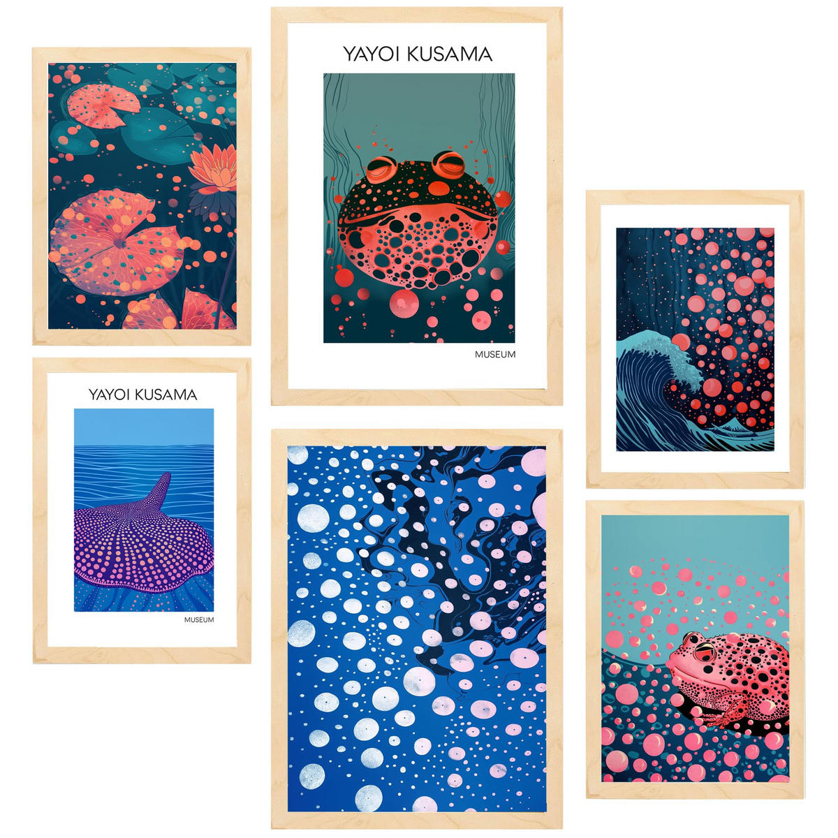 POSTER Set Mit 6 Kusama Fisch A3 & A4 Rahmen Aus Hellem Holz - Beige, Papier (29/3cm) - Nacnic