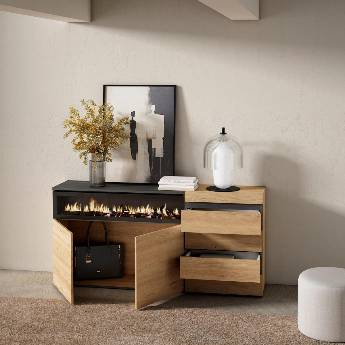 SIDEBOARD mit Elektrokamin, eiche, 158/35/75cm - Eichefarben, Holzwerkstoff (158/75/35cm) - Skraut Home
