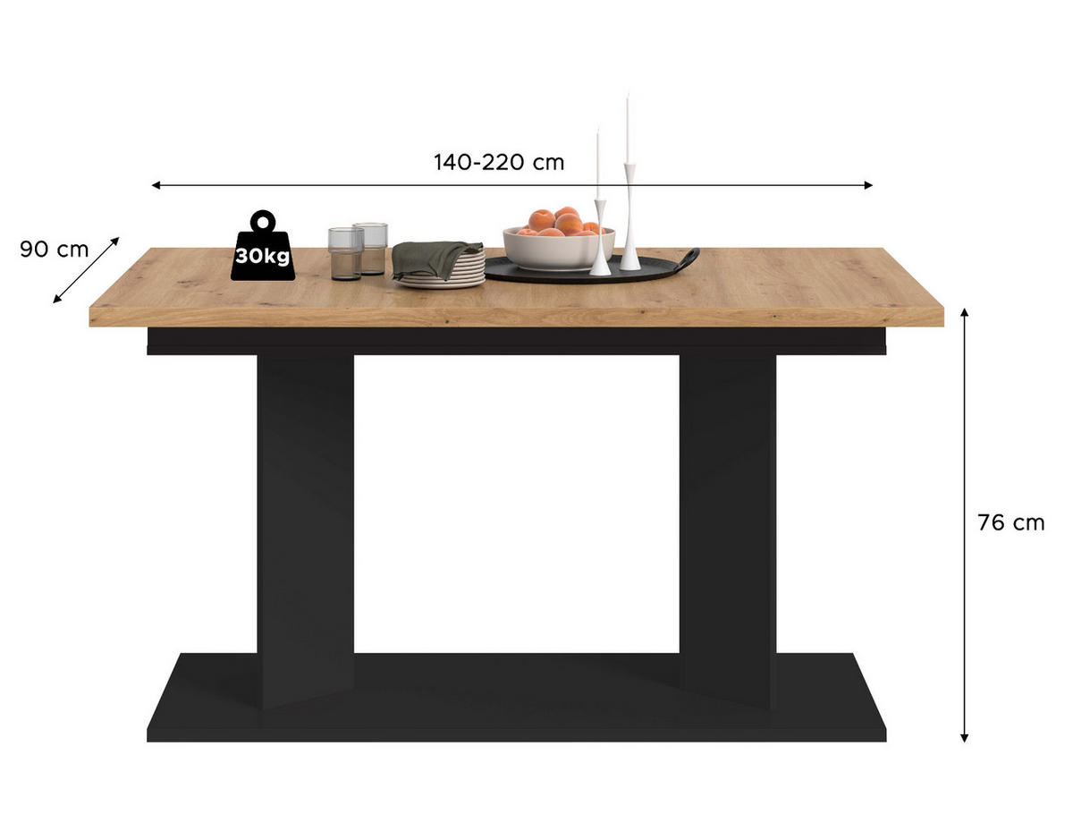 ESSTISCH Eiche Artisan, schwarz 140 - 180 - 220 x 90 cm, Küchentisch 2-fach ausziehbar - Schwarz/Eiche Artisan, Holzwerkstoff (90/140/76cm) - Inn.Furn