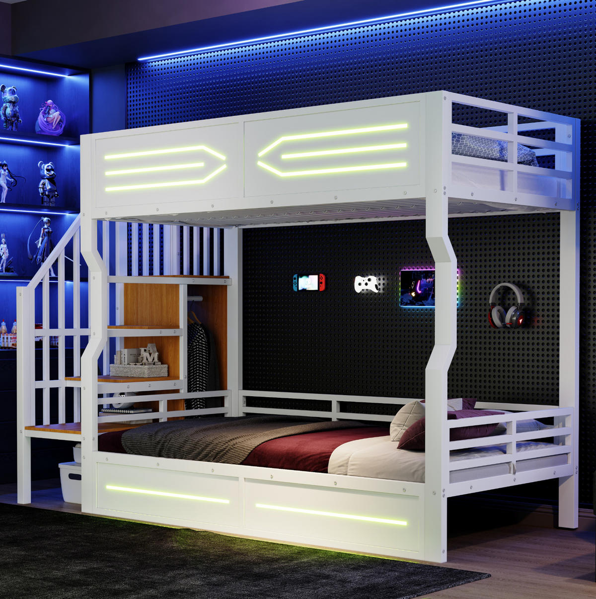 ETAGENBETT aus Metall und MDF 90x200 cm Weiß mit Stauraumtreppe, Schrank und LED-Beleuchtung - Weiß, Holzwerkstoff (90/200cm) - Modfu